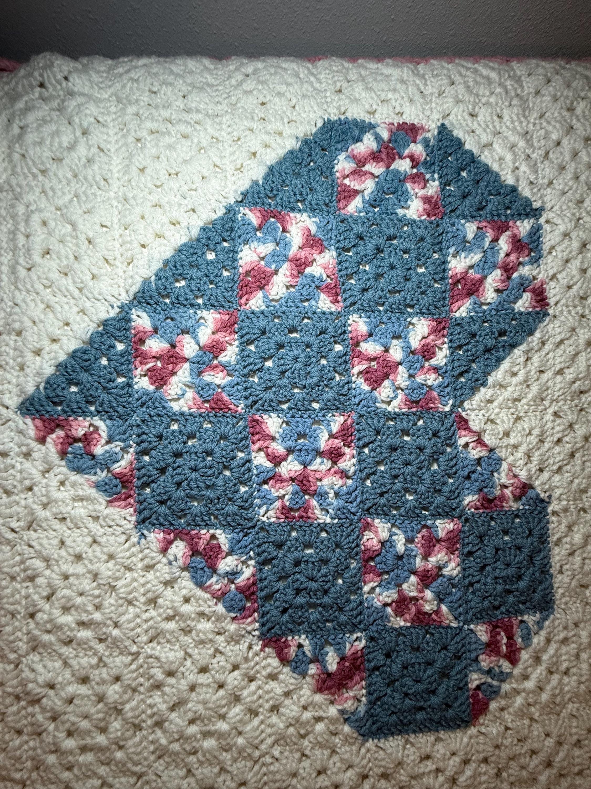 Handmade Appalachian Crochet Heart Blanket – 1990s Pink Blue Heirloom Throw