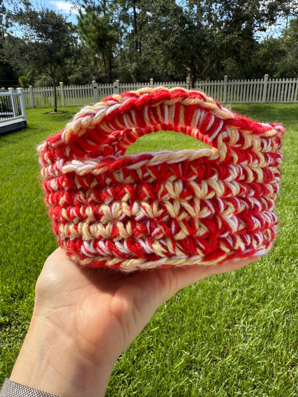Small Crocheted Basket: Red and Yellow Handwoven Yarn