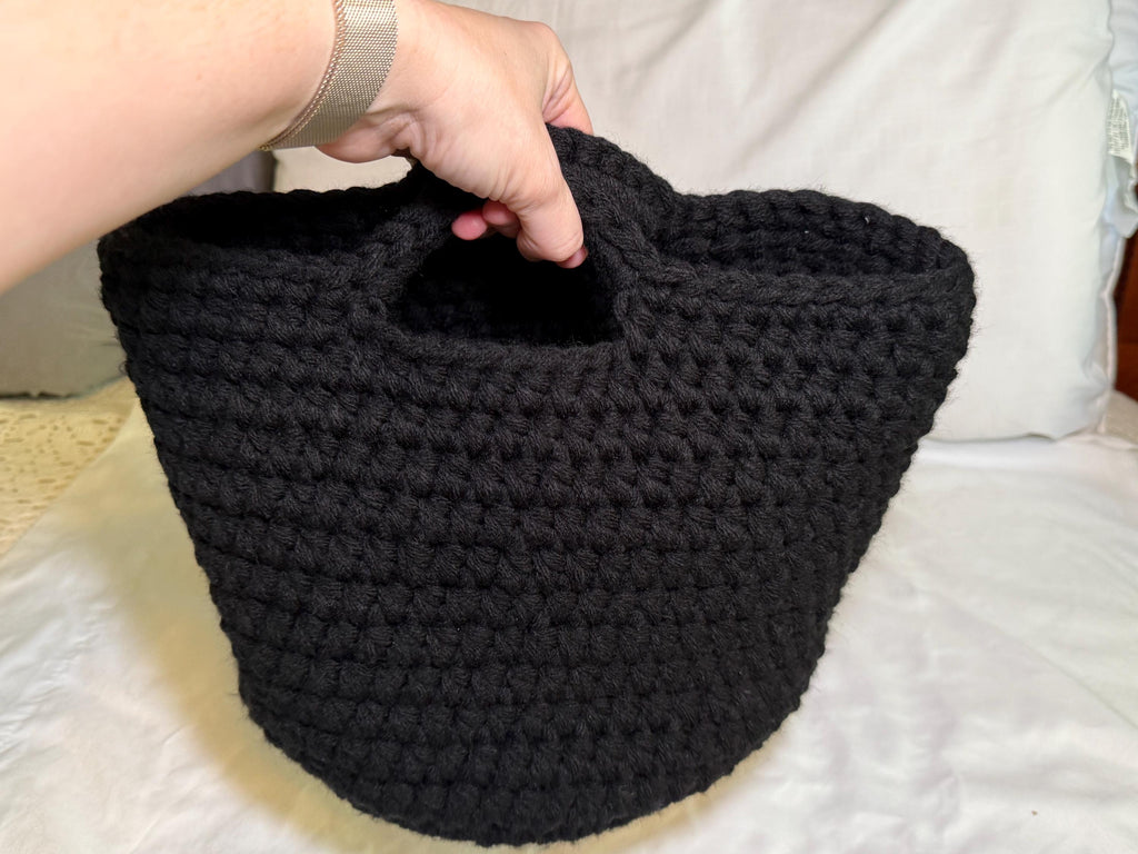 Black Crocheted Basket with Wood Base: Oversized Textile Home Organizer