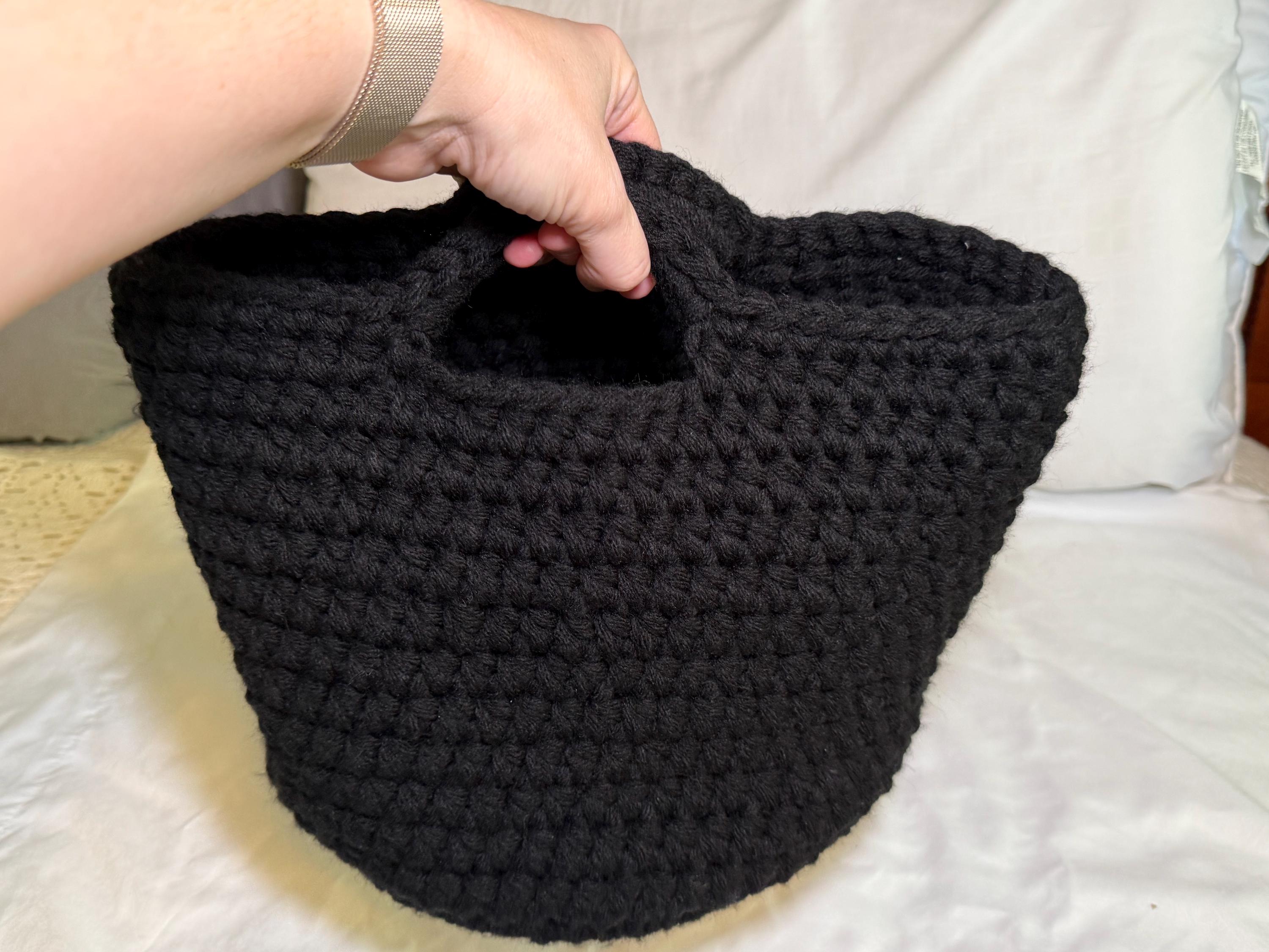 Black Crocheted Basket with Wood Base: Oversized Textile Home Organizer