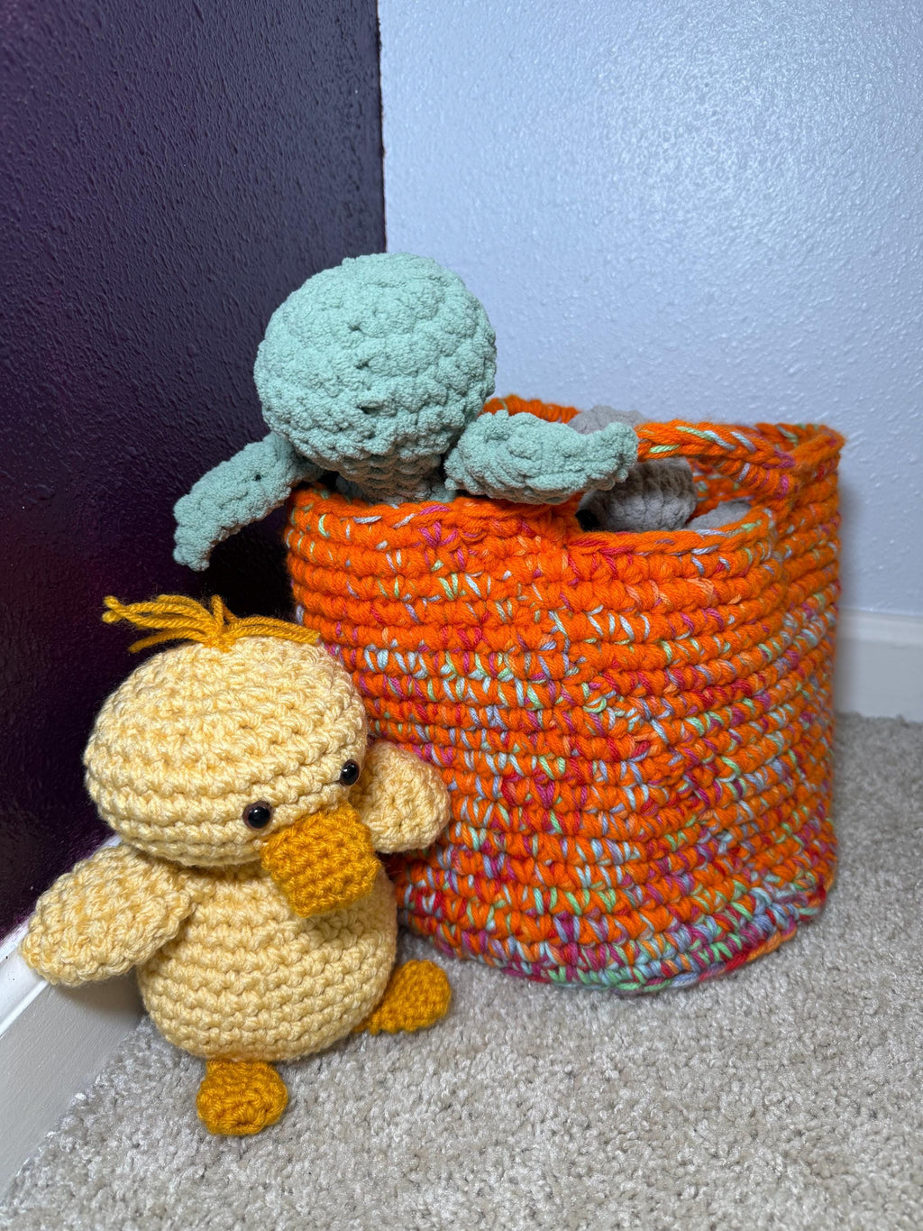 Hand Crocheted Basket, Vibrant Orange With Spring Pastels