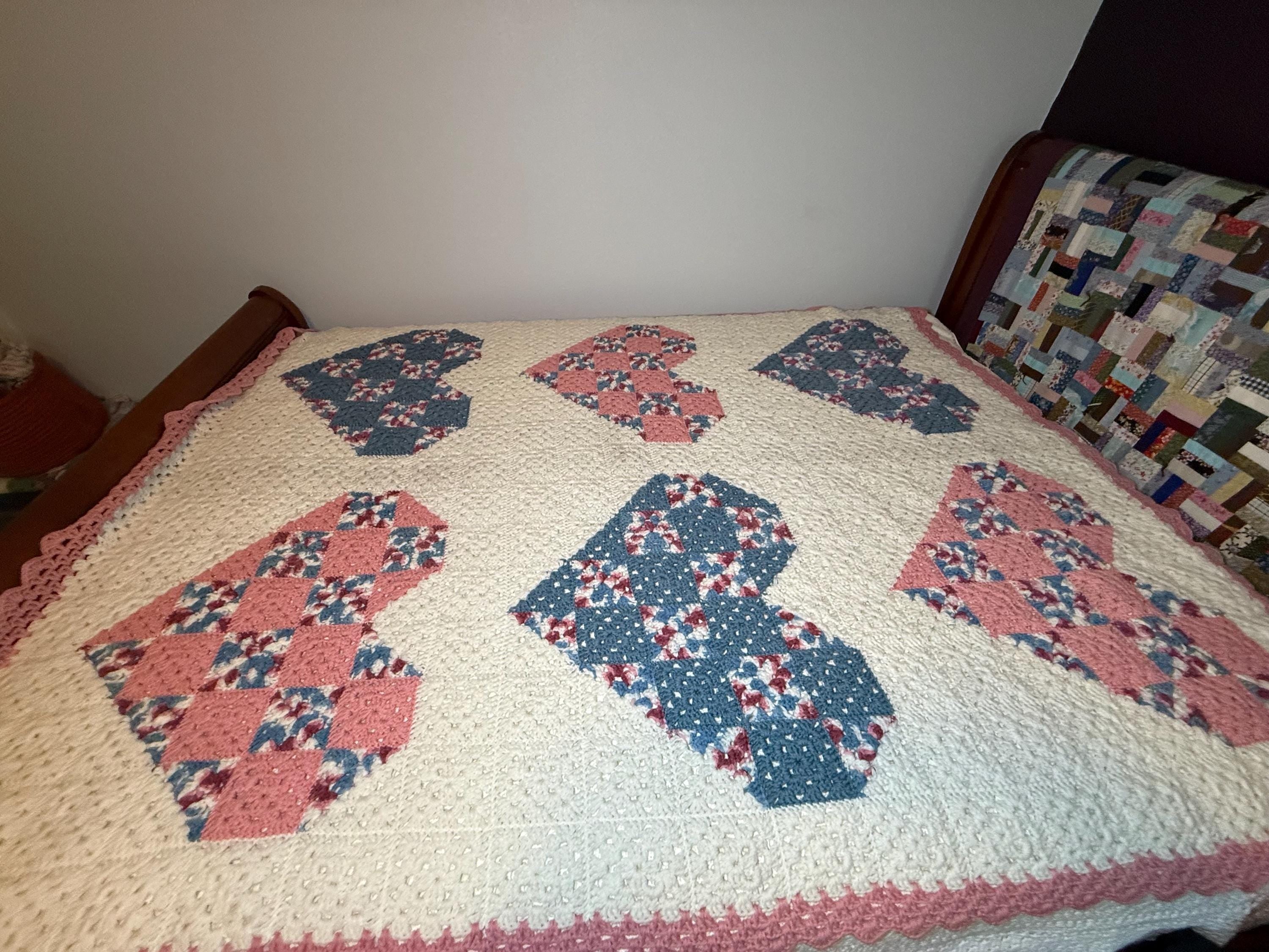 Handmade Appalachian Crochet Heart Blanket – 1990s Pink Blue Heirloom Throw