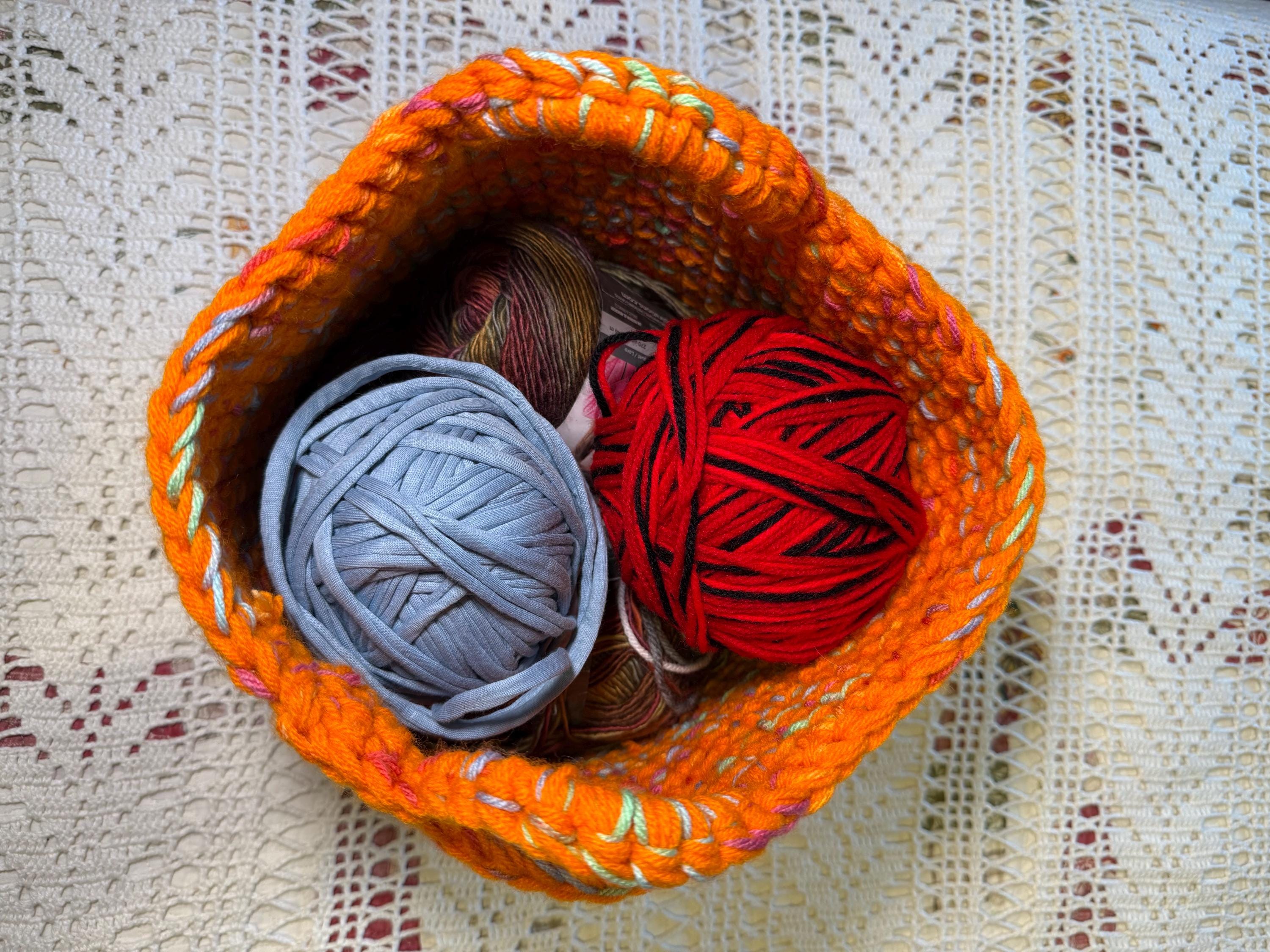 Hand Crocheted Basket, Vibrant Orange With Spring Pastels