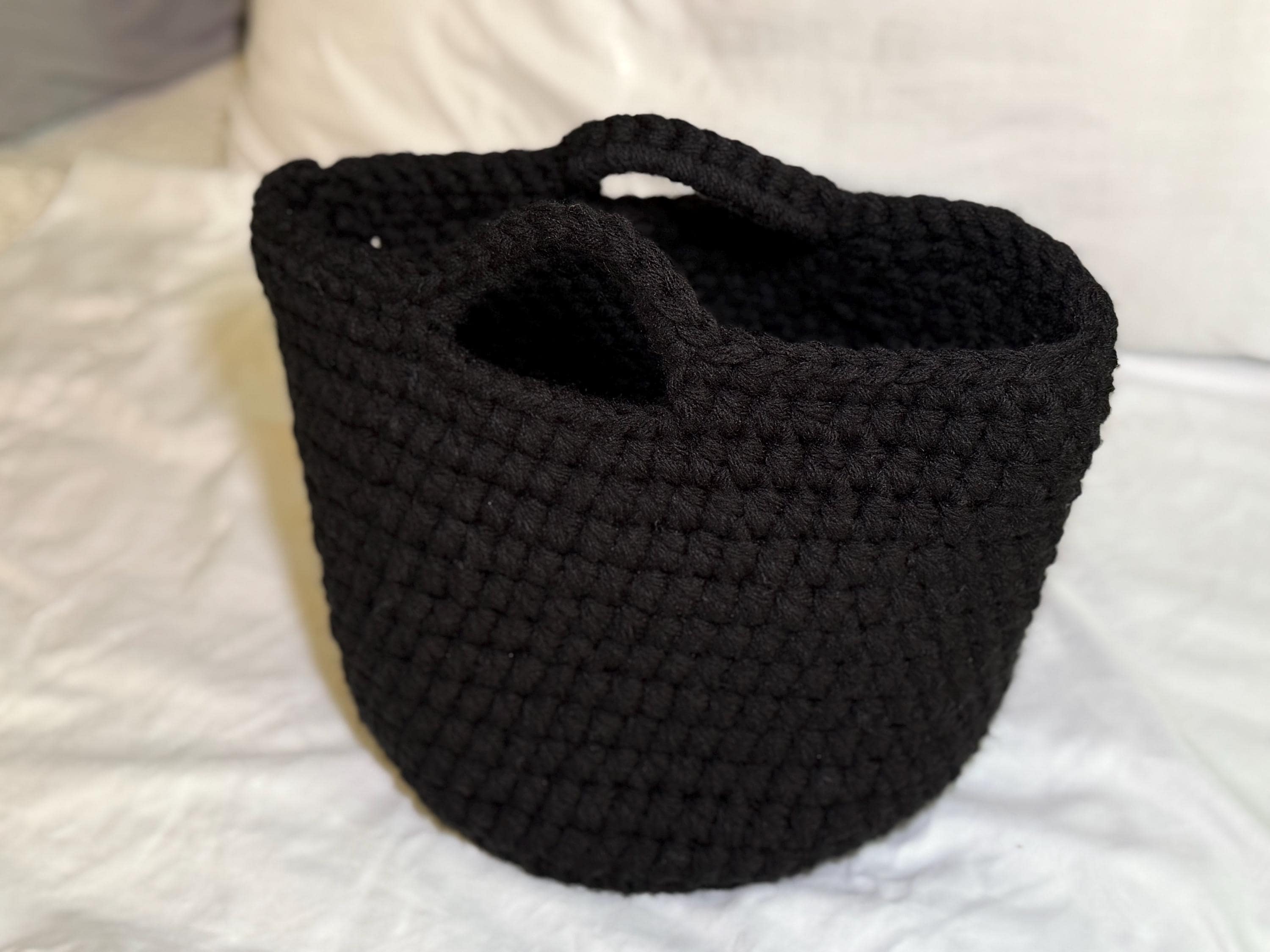 Black Crocheted Basket with Wood Base: Oversized Textile Home Organizer