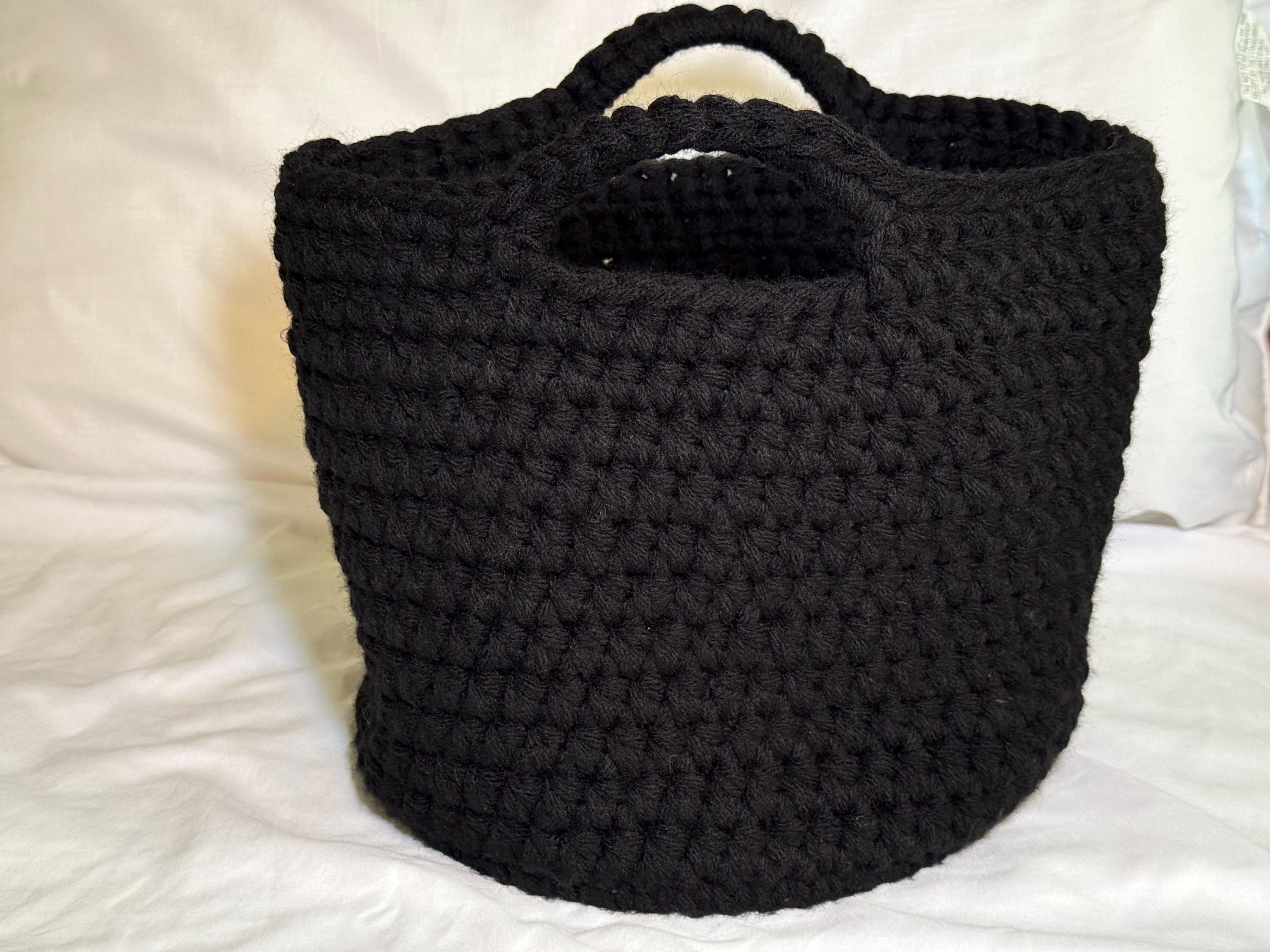 Black Crocheted Basket with Wood Base: Oversized Textile Home Organizer