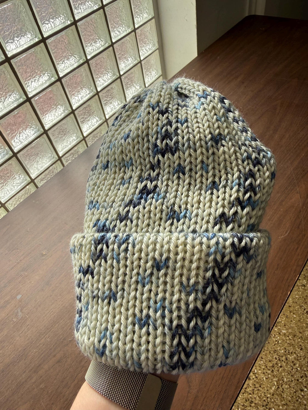 Hand Knit Winter Beanie: Soft Chunky Blue Marled Cap