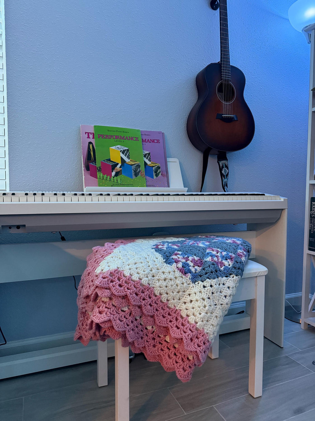 Handmade Appalachian Crochet Heart Blanket – 1990s Pink Blue Heirloom Throw