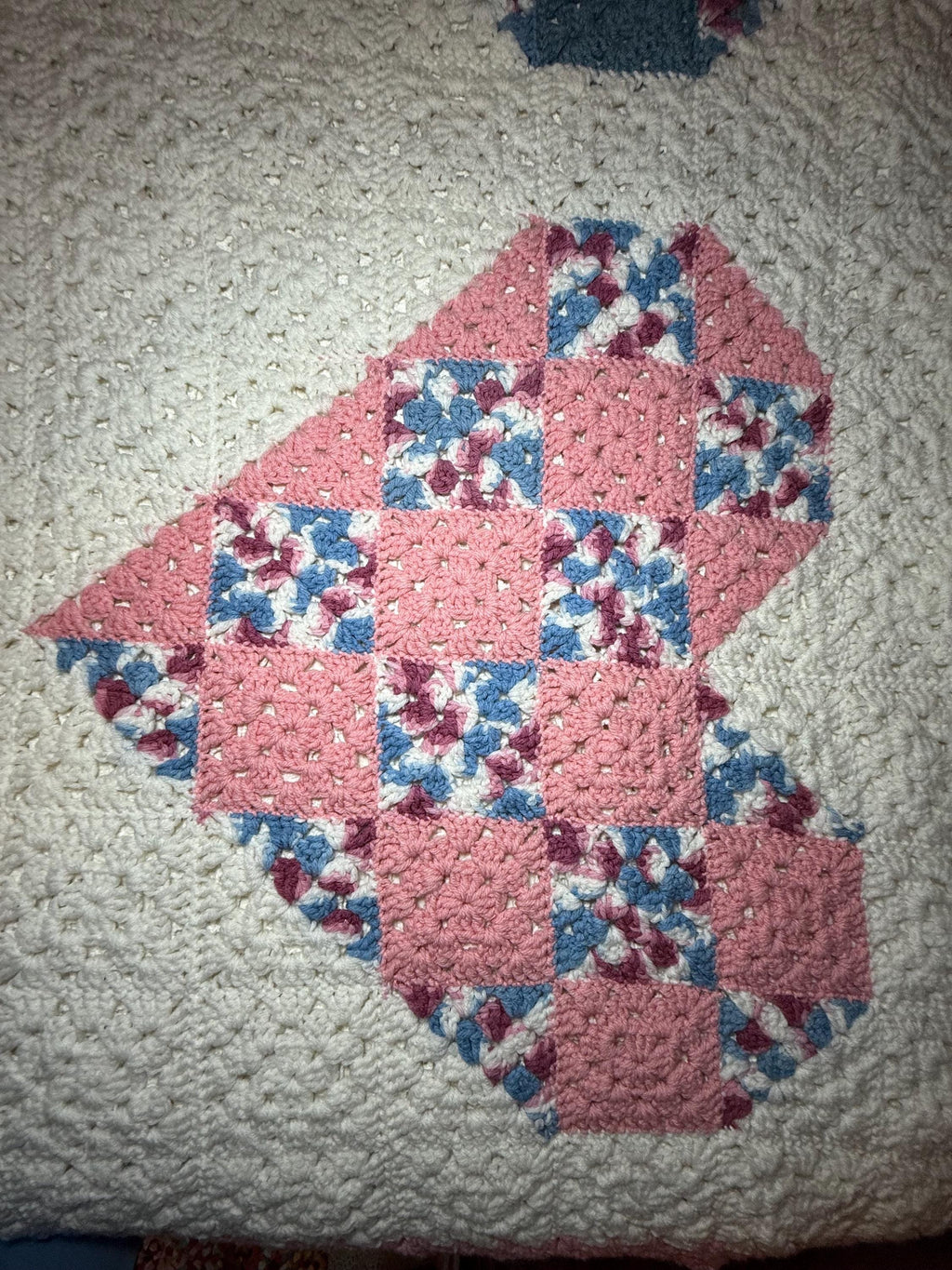 Handmade Appalachian Crochet Heart Blanket – 1990s Pink Blue Heirloom Throw