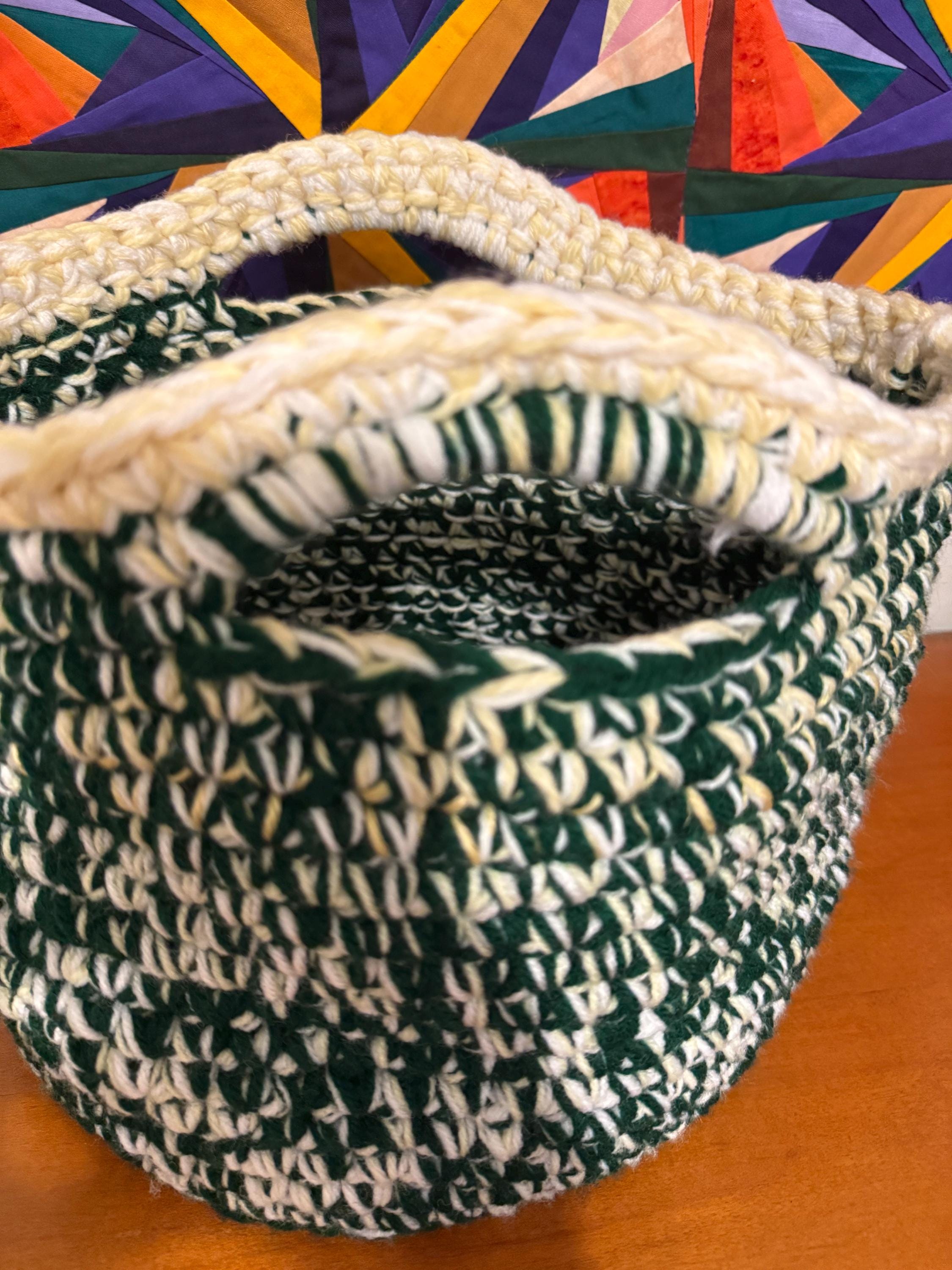 Handmade Crocheted Basket: Variegated Green & Cream, Boho Home Storage