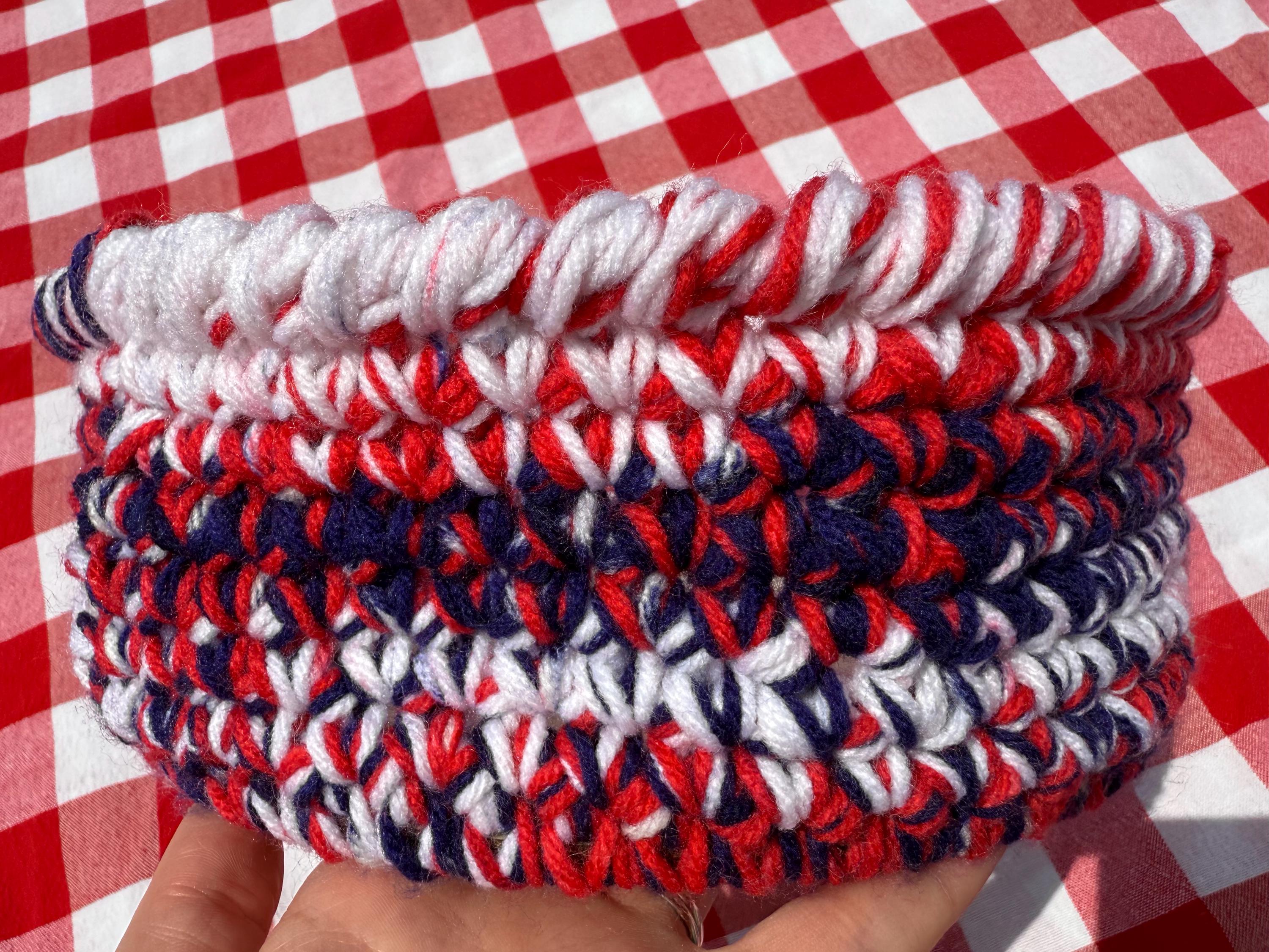 America 250th Birthday Basket/ Patriotic Crochet Bowl with Wood Base