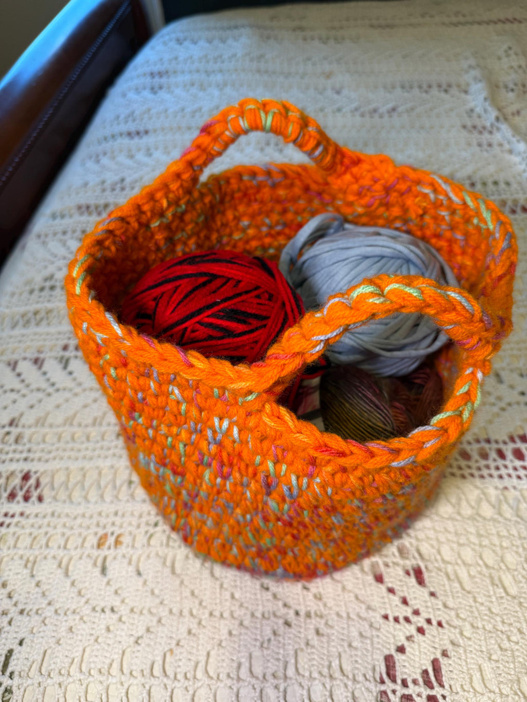 Hand Crocheted Basket, Vibrant Orange With Spring Pastels