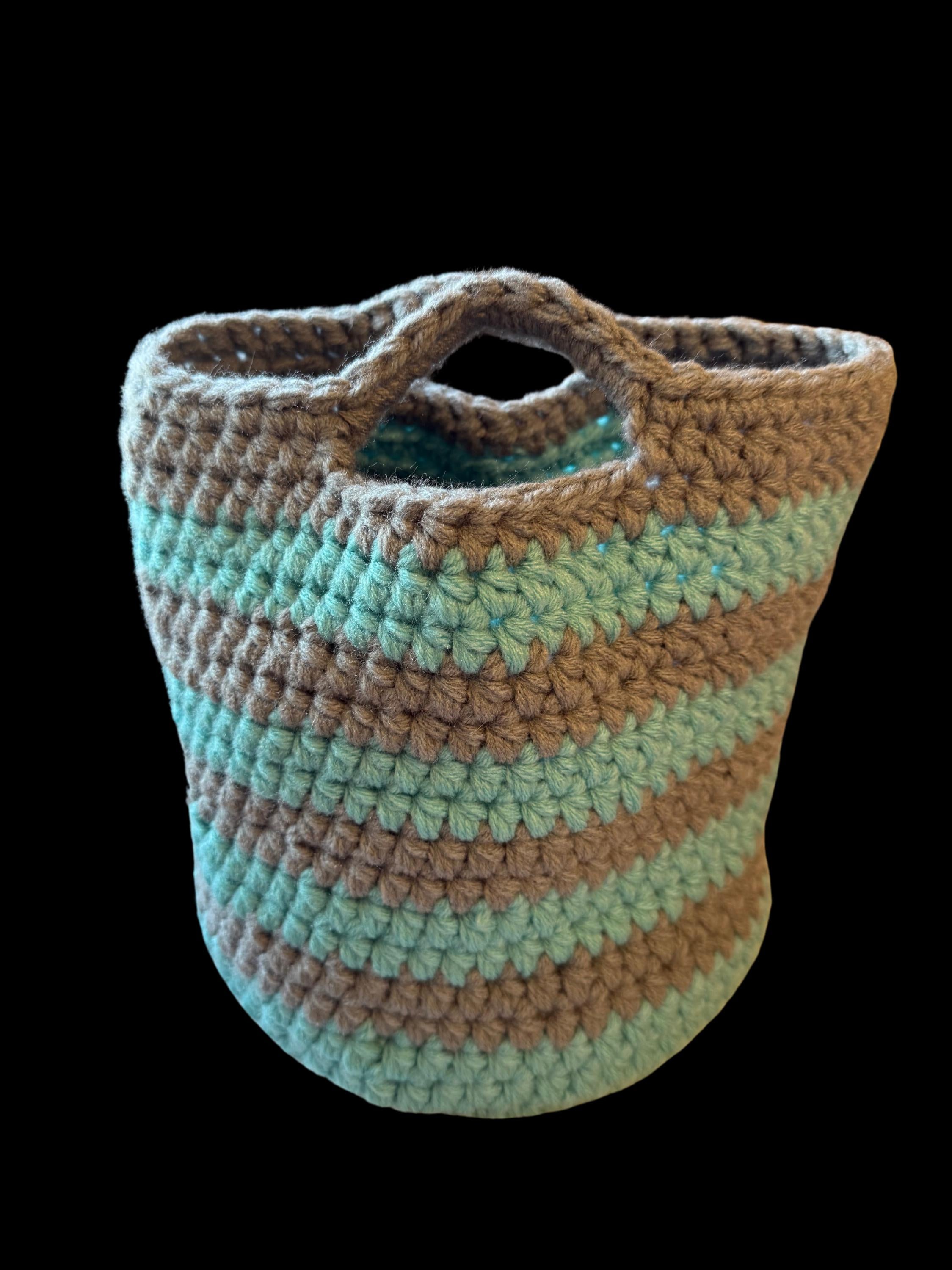 Blue and Gray Crocheted Basket: Farmhouse Handwoven Storage/Striped Coastal/Handmade Basket