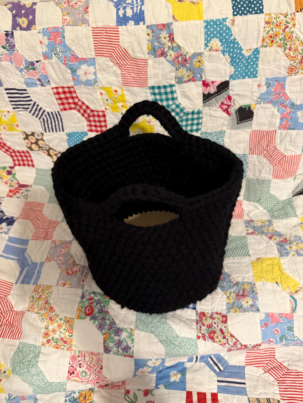 Black Crocheted Basket with Wood Base: Oversized Textile Home Organizer