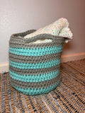 Blue and Gray Crocheted Basket: Farmhouse Handwoven Storage/Striped Coastal/Handmade Basket