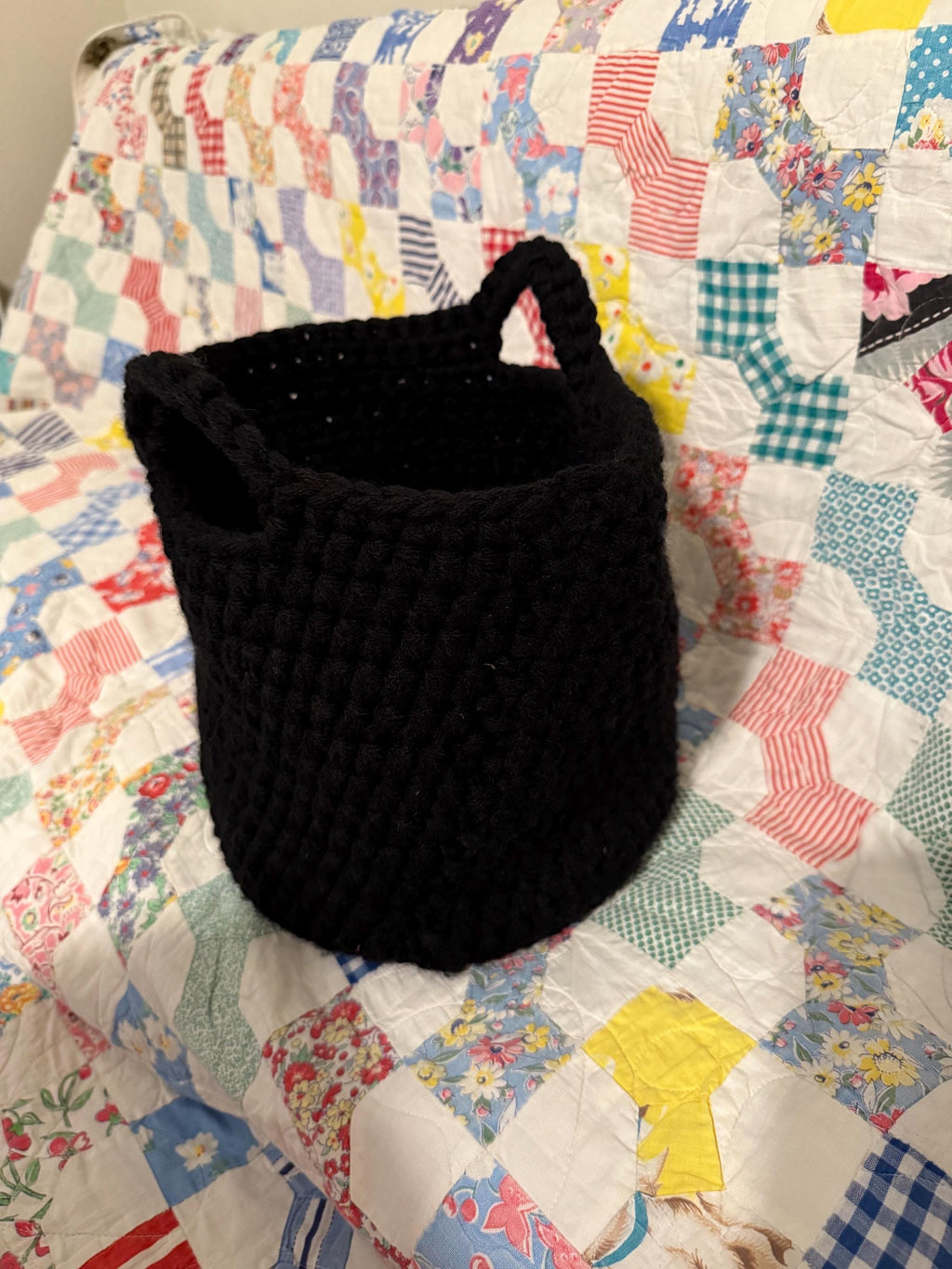 Black Crocheted Basket with Wood Base: Oversized Textile Home Organizer