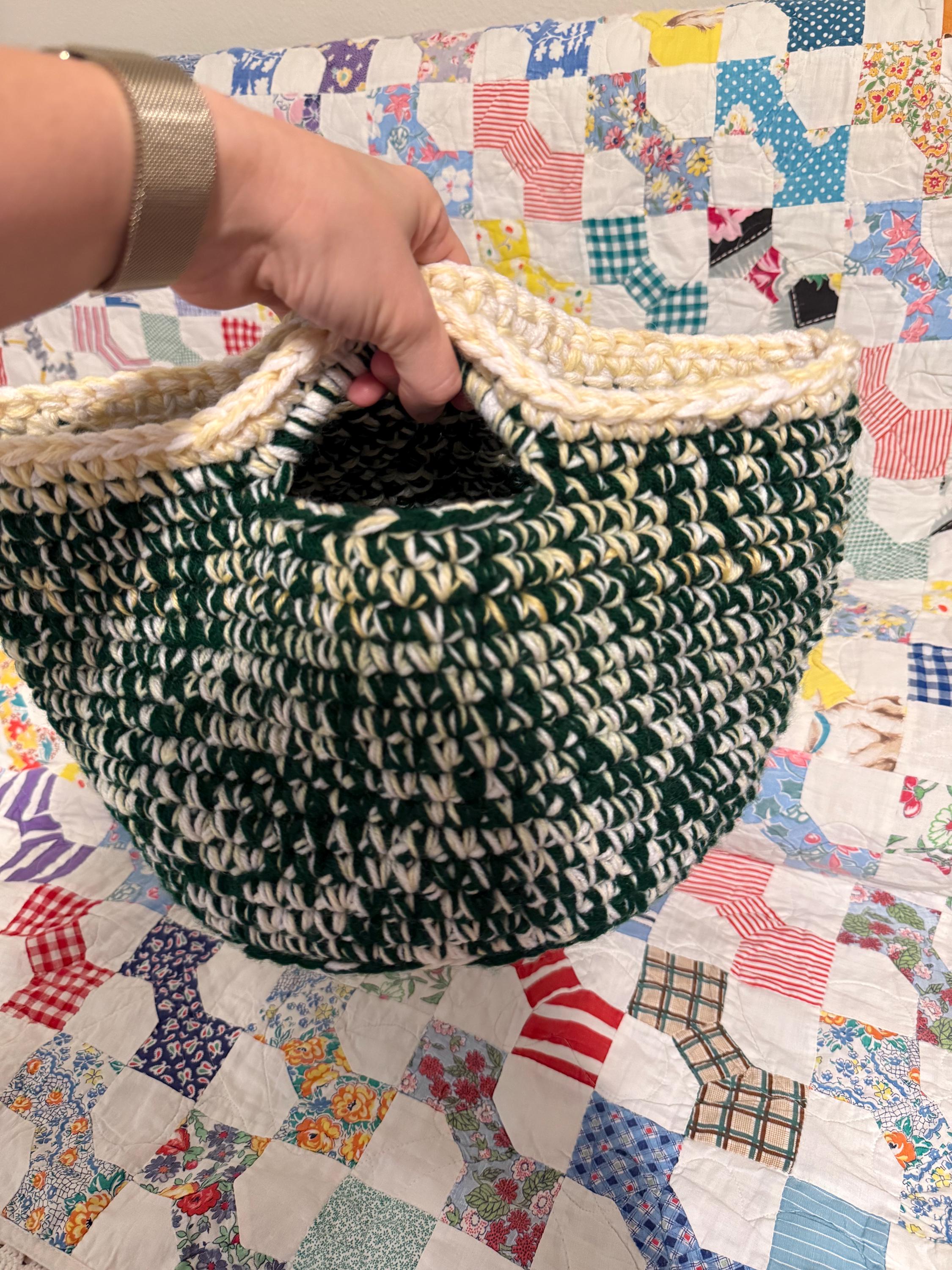 Handmade Crocheted Basket: Variegated Green & Cream, Boho Home Storage