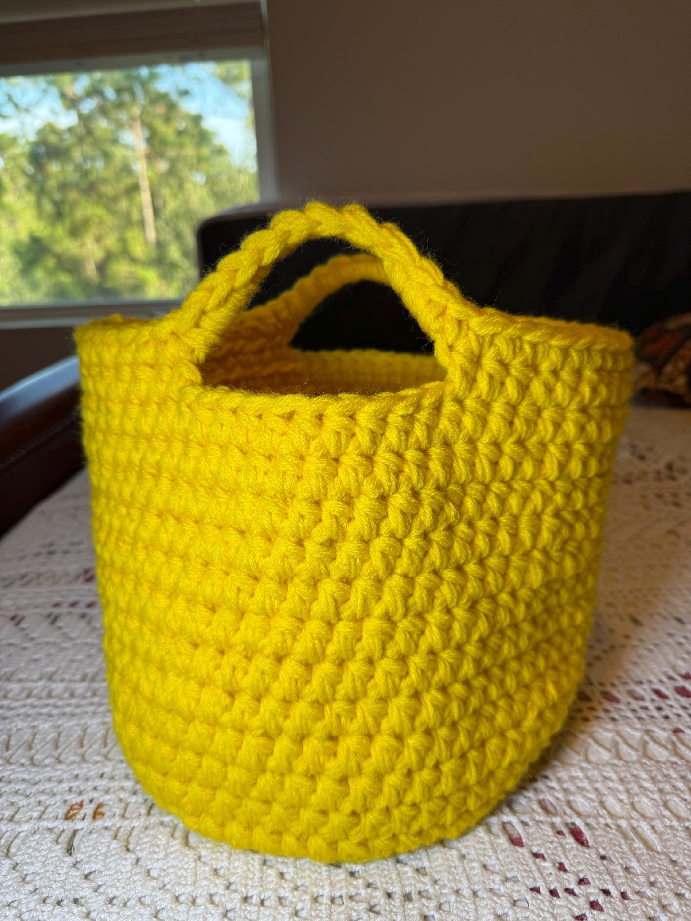 Handmade Yellow Crochet Basket: Acrylic Yarn Storage Bin