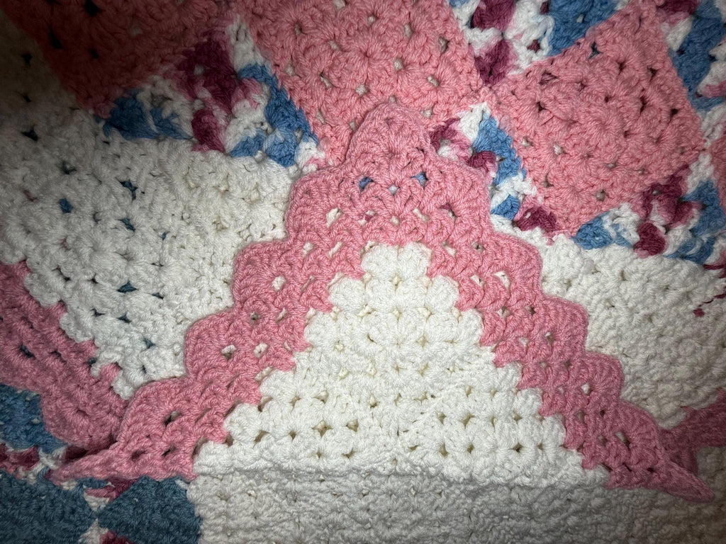 Handmade Appalachian Crochet Heart Blanket – 1990s Pink Blue Heirloom Throw