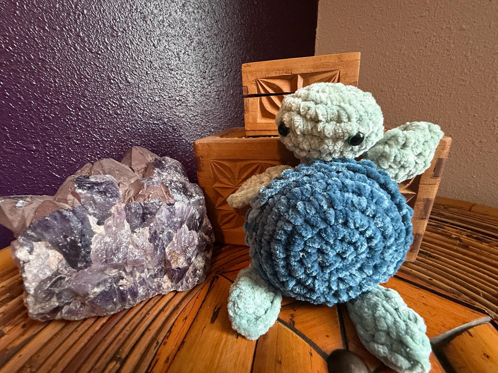 Handmade Velvet Amigurumi Sea Turtle, Soft Blue Ocean Nursery Decor