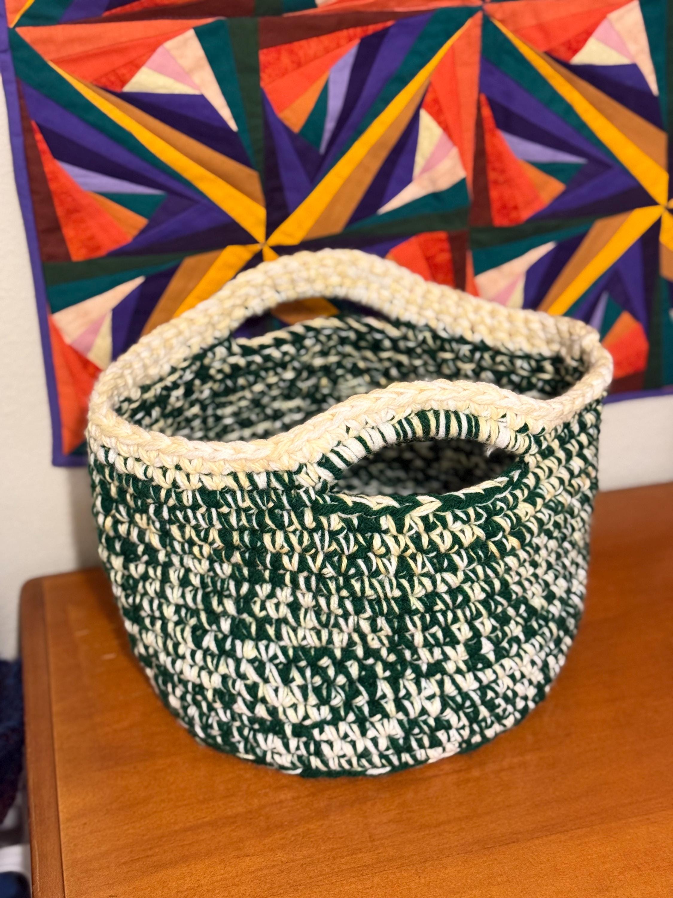 Handmade Crocheted Basket: Variegated Green & Cream, Boho Home Storage