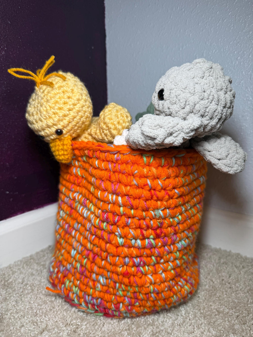 Hand Crocheted Basket, Vibrant Orange With Spring Pastels