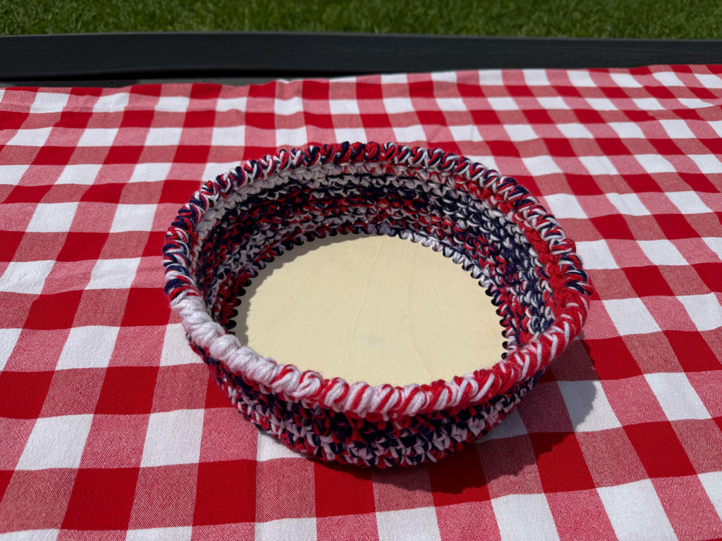 America 250th Birthday Basket/ Patriotic Crochet Bowl with Wood Base