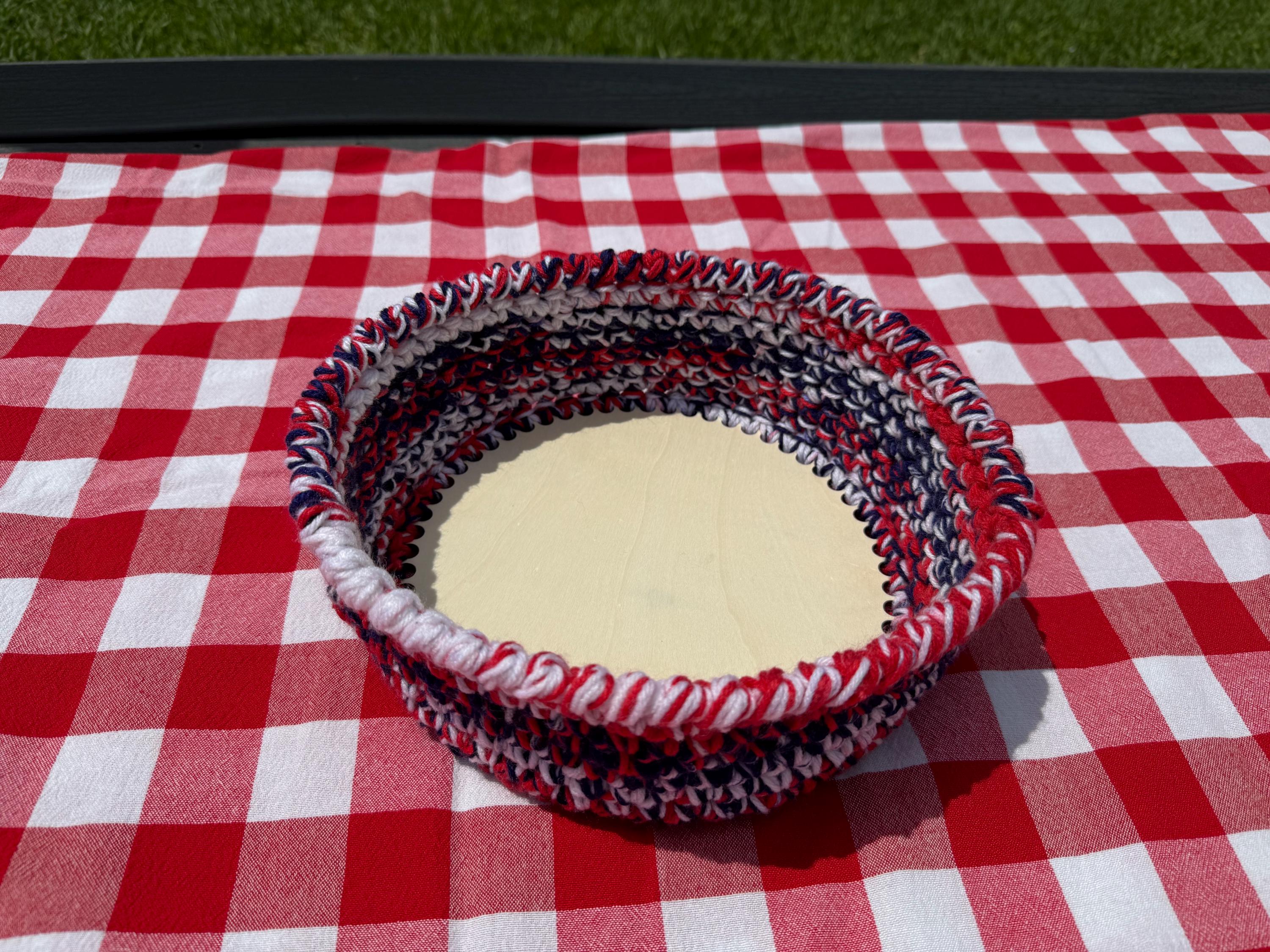 America 250th Birthday Basket/ Patriotic Crochet Bowl with Wood Base