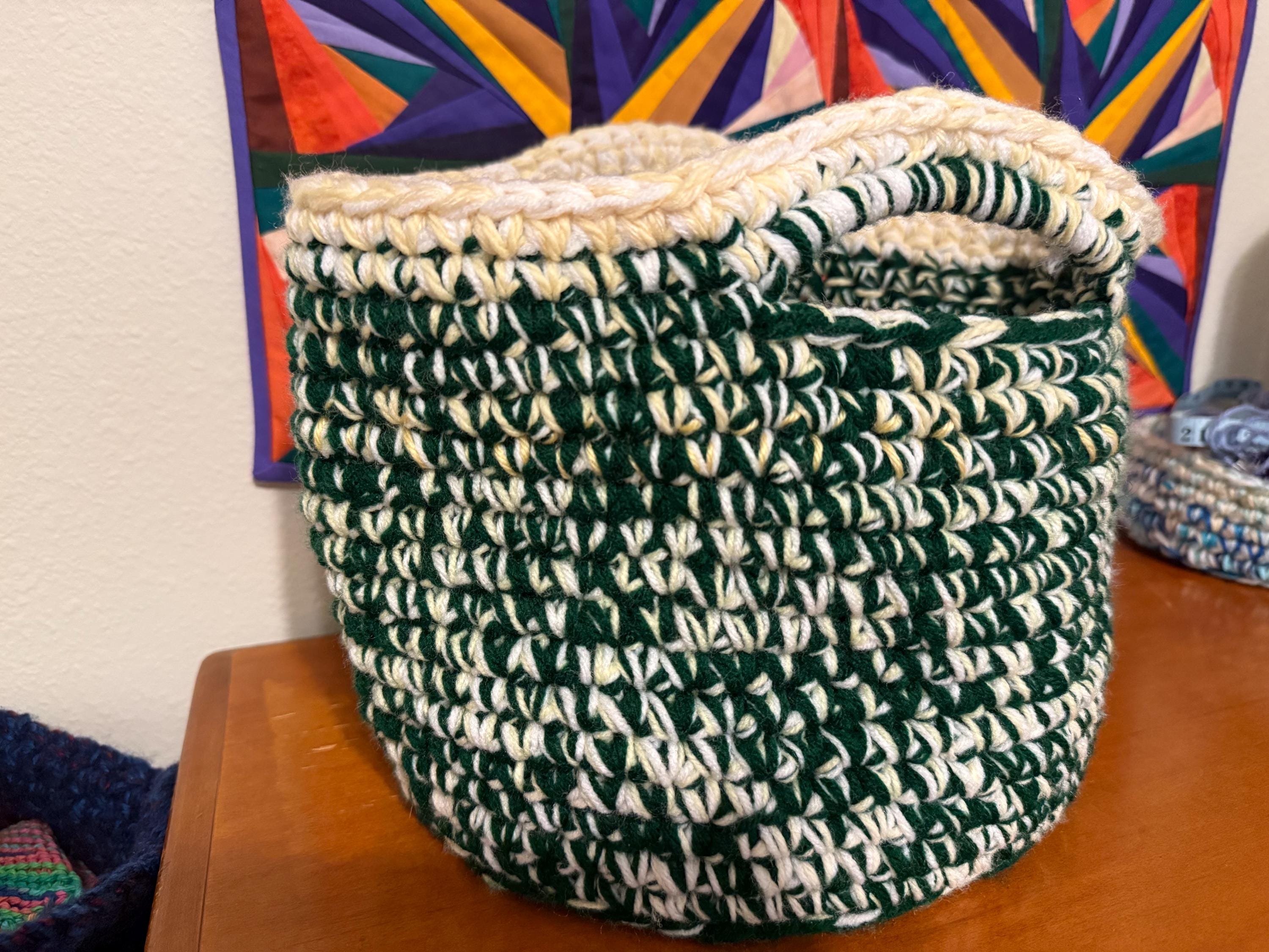 Handmade Crocheted Basket: Variegated Green & Cream, Boho Home Storage
