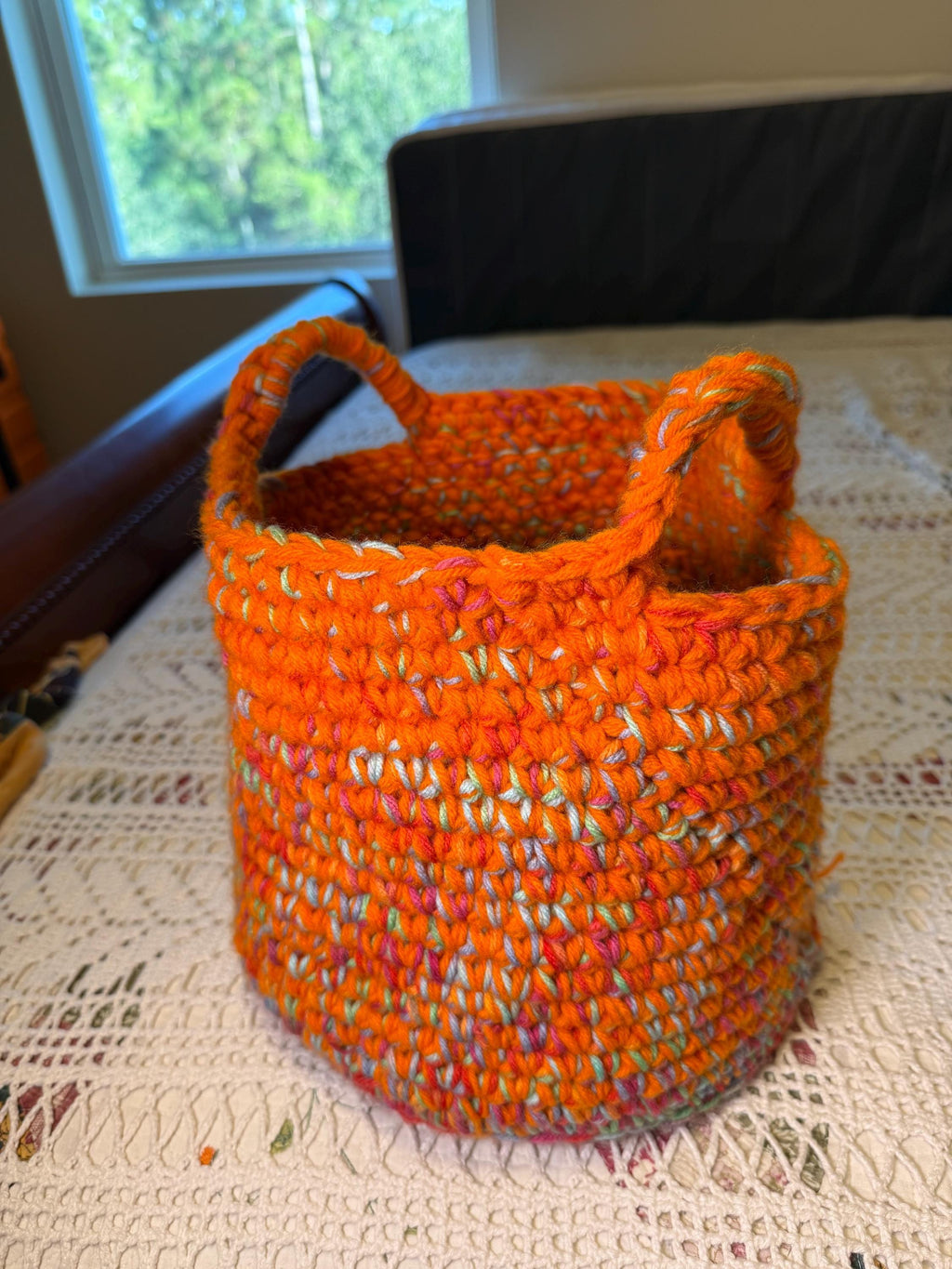 Hand Crocheted Basket, Vibrant Orange With Spring Pastels
