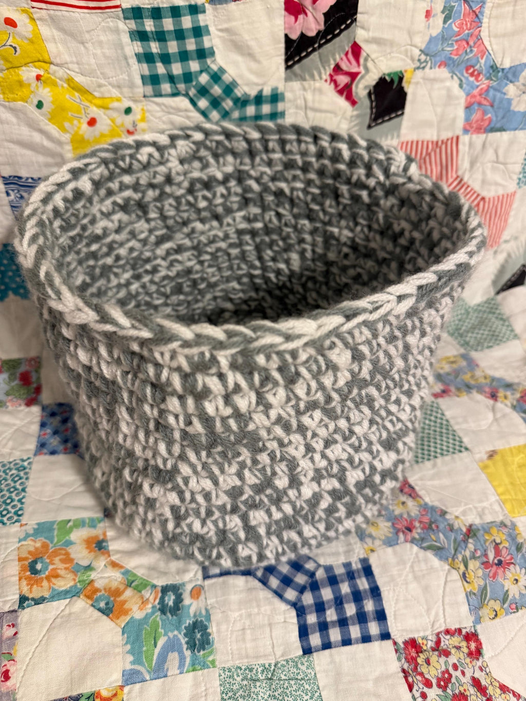 Handmade Crochet Basket: Gray and White Yarn Storage