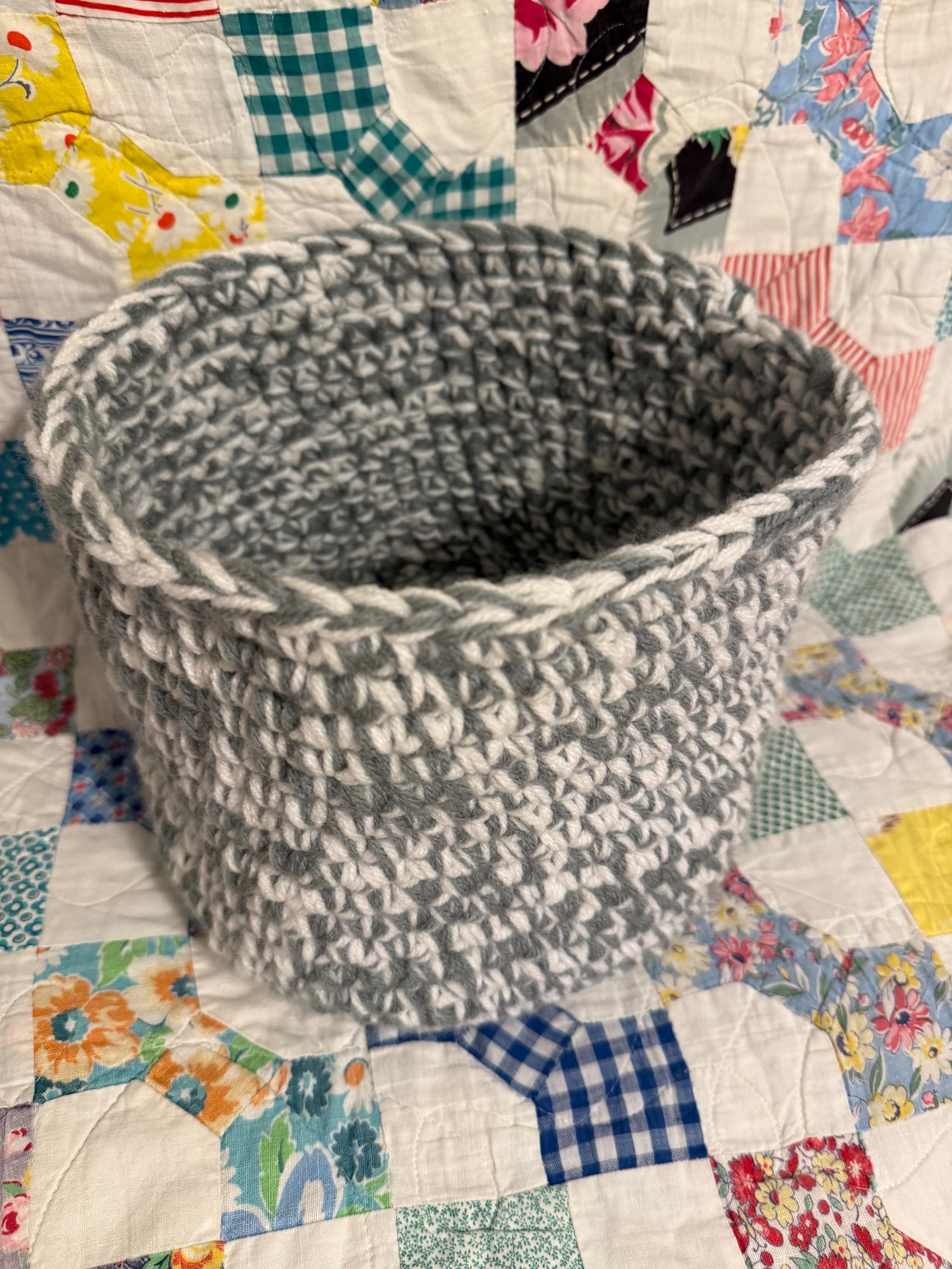 Handmade Crochet Basket: Gray and White Yarn Storage