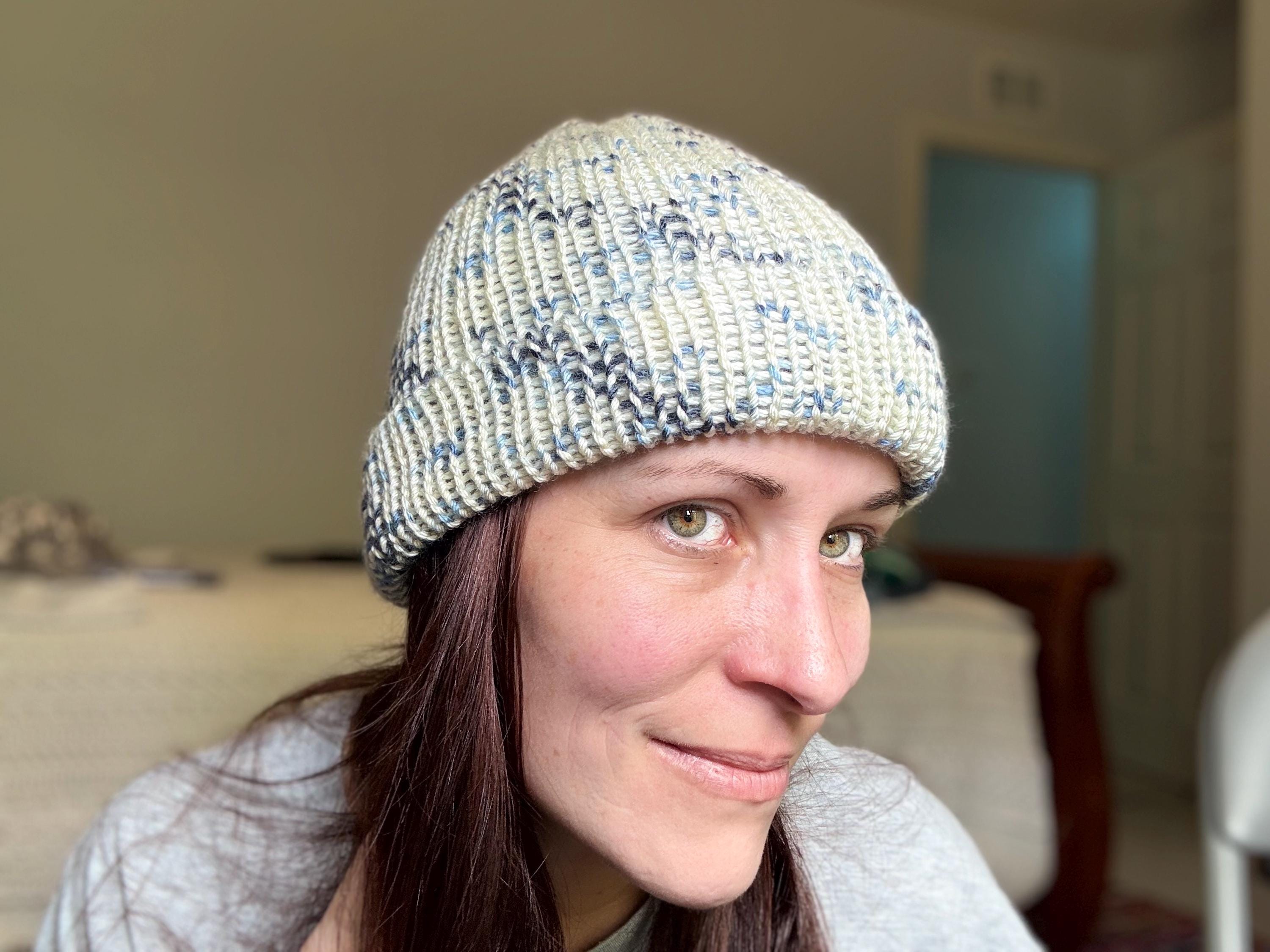 Hand Knit Winter Beanie: Soft Chunky Blue Marled Cap