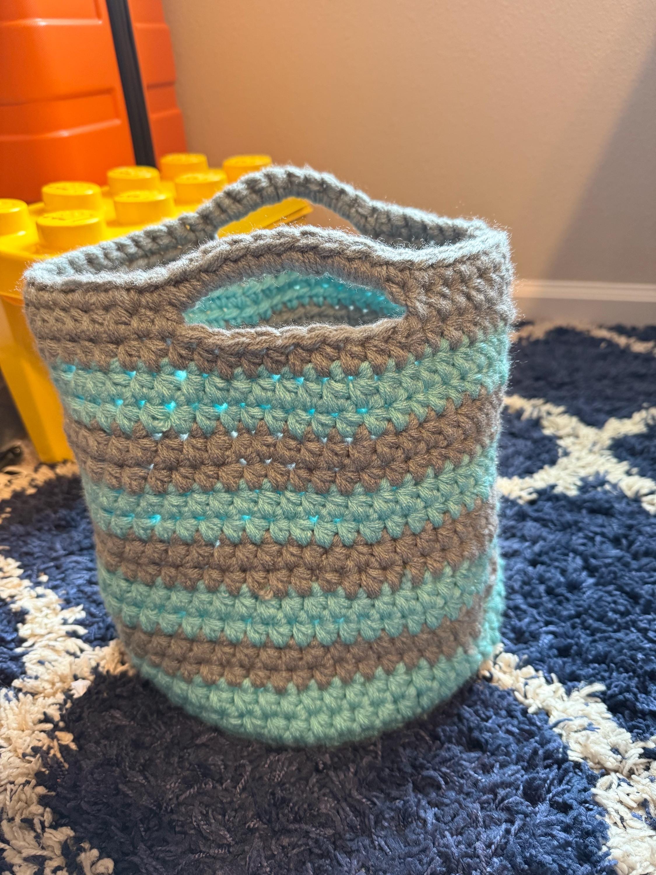 Blue and Gray Crocheted Basket: Farmhouse Handwoven Storage/Striped Coastal/Handmade Basket