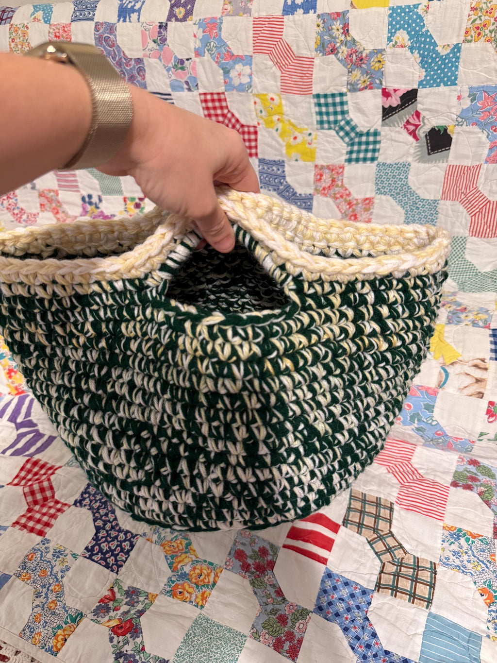 Handmade Crocheted Basket: Variegated Green & Cream, Boho Home Storage