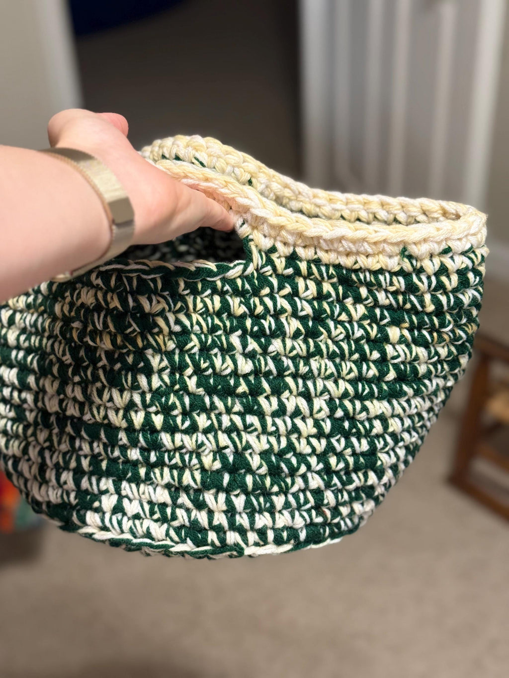 Handmade Crocheted Basket: Variegated Green & Cream, Boho Home Storage