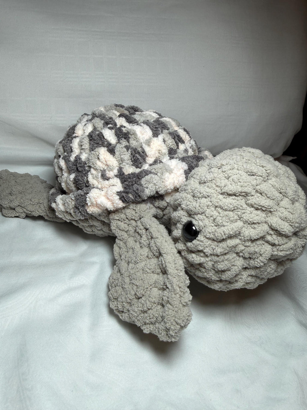 Chunky Crochet Sea Turtle Plushie – Soft Chenille Amigurumi Toy, Grey Marble Nursery Decor