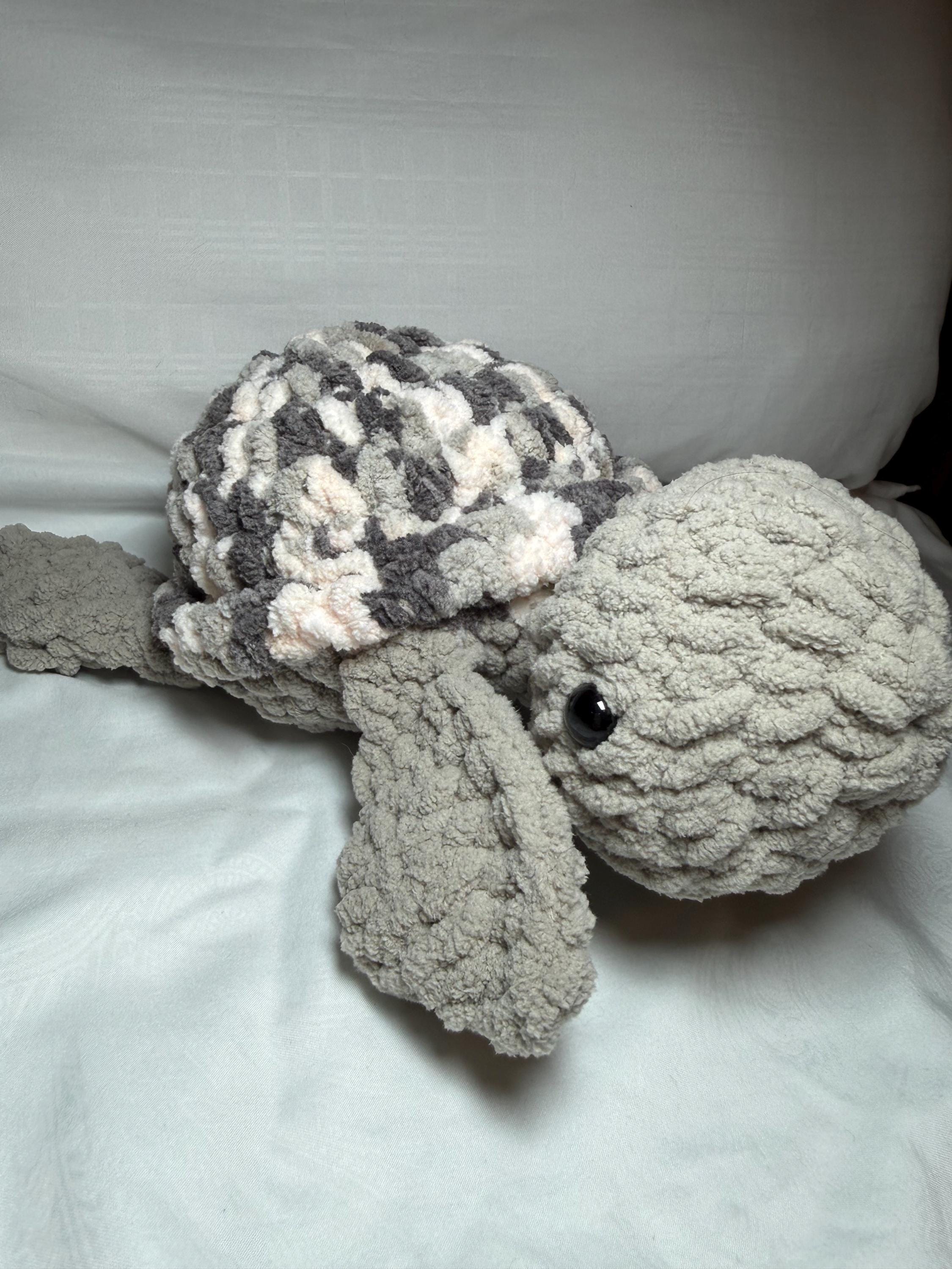 Chunky Crochet Sea Turtle Plushie – Soft Chenille Amigurumi Toy, Grey Marble Nursery Decor