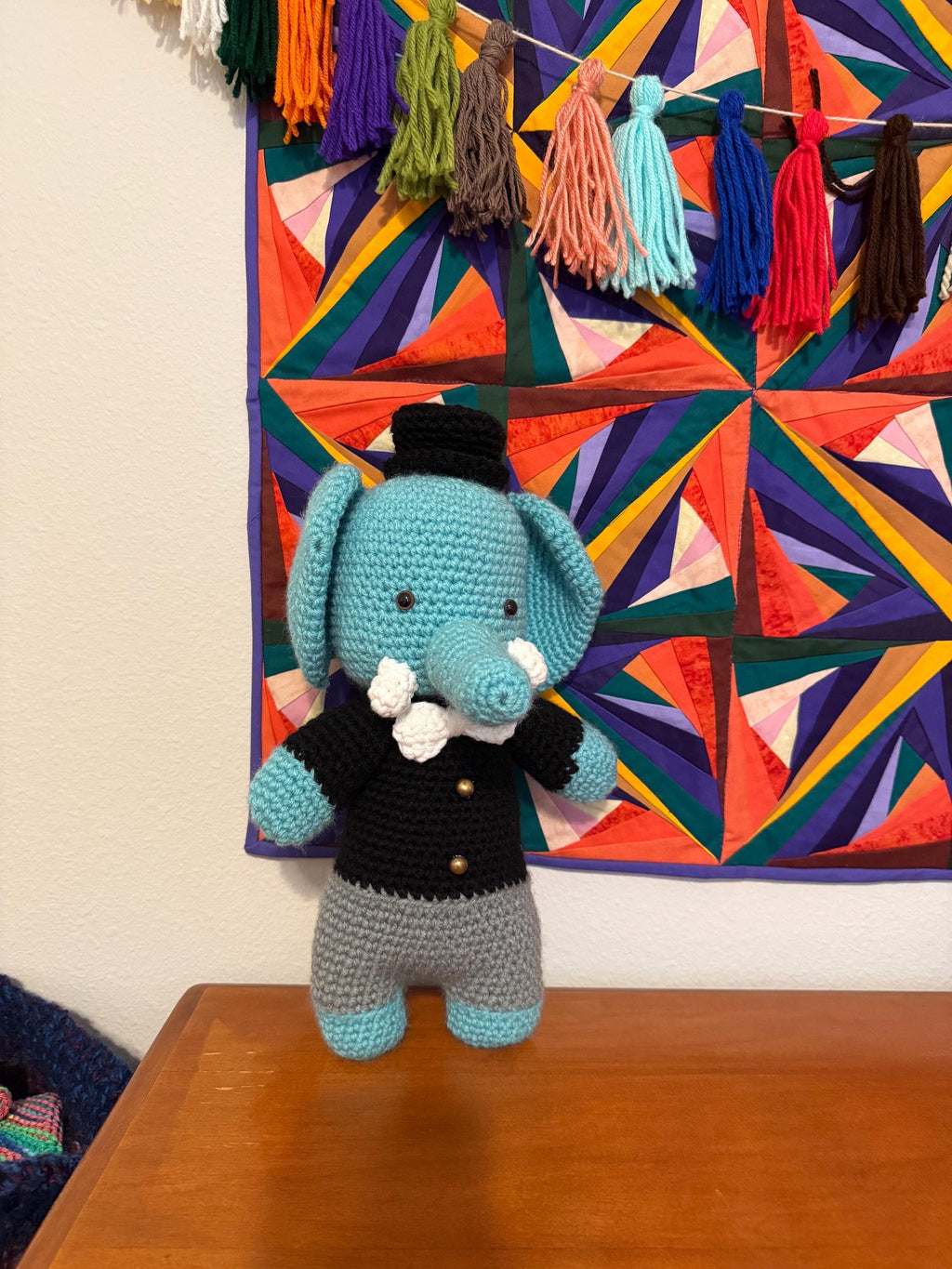 Hand-Crocheted Elephant Plush Toy in Tuxedo, Dapper Amigurumi Stuffed Animal for Nursery Decor