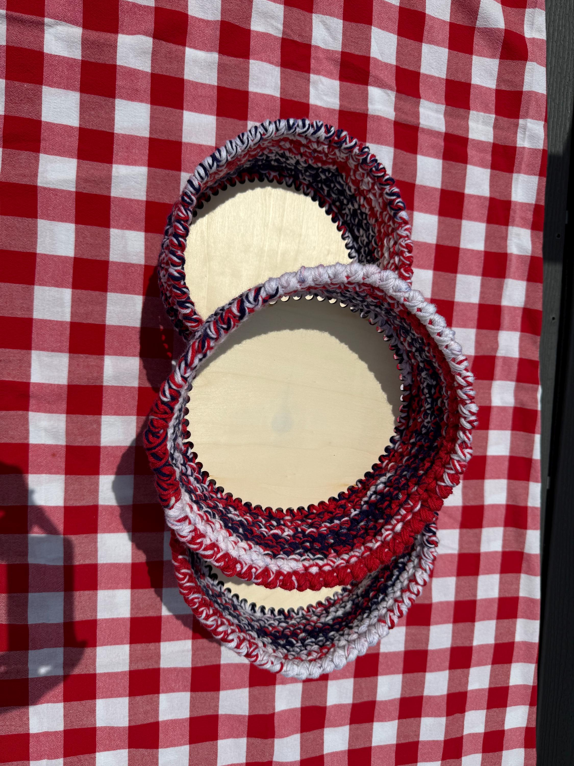 America 250th Birthday Basket/ Patriotic Crochet Bowl with Wood Base