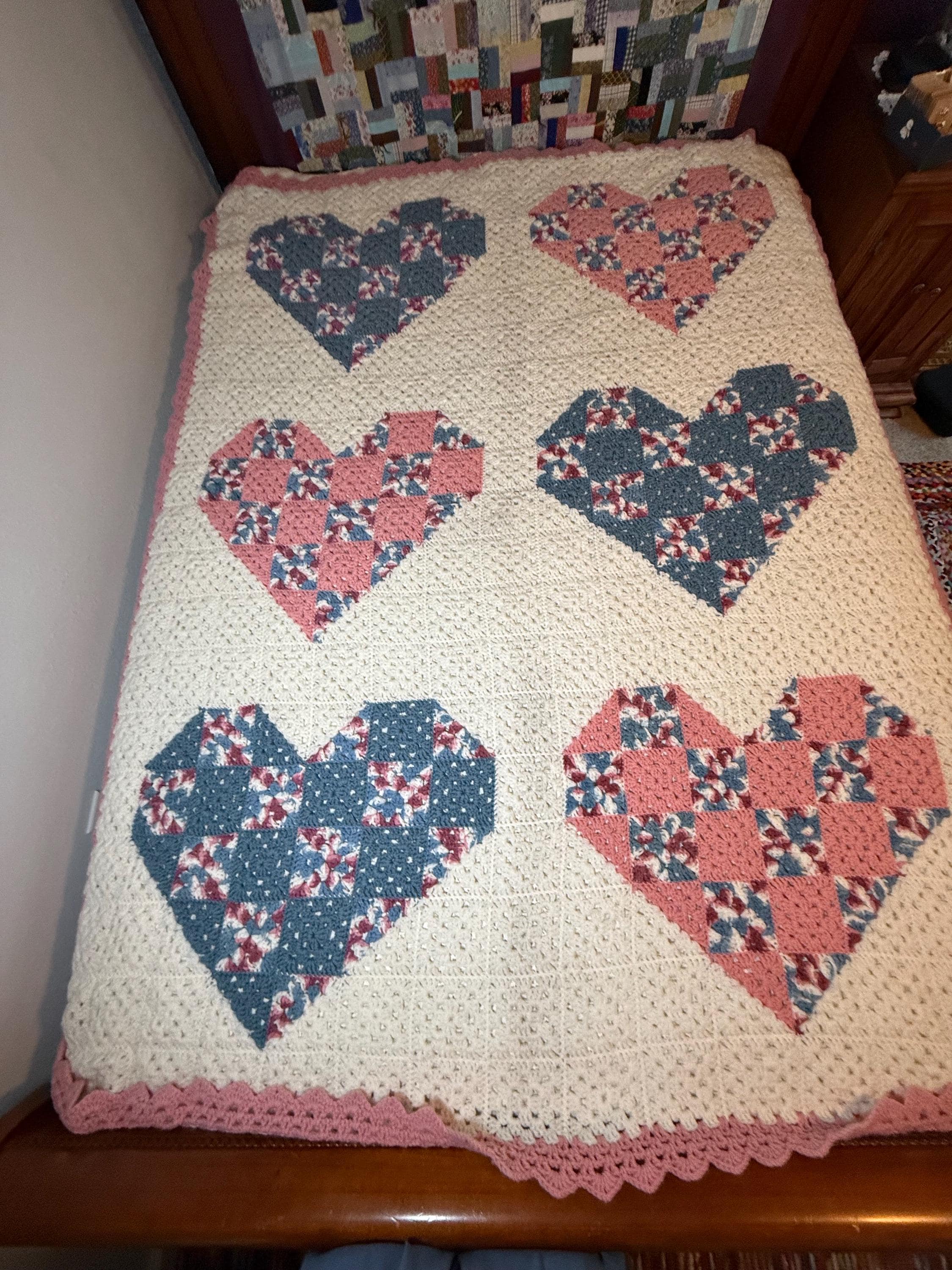 Handmade Appalachian Crochet Heart Blanket – 1990s Pink Blue Heirloom Throw