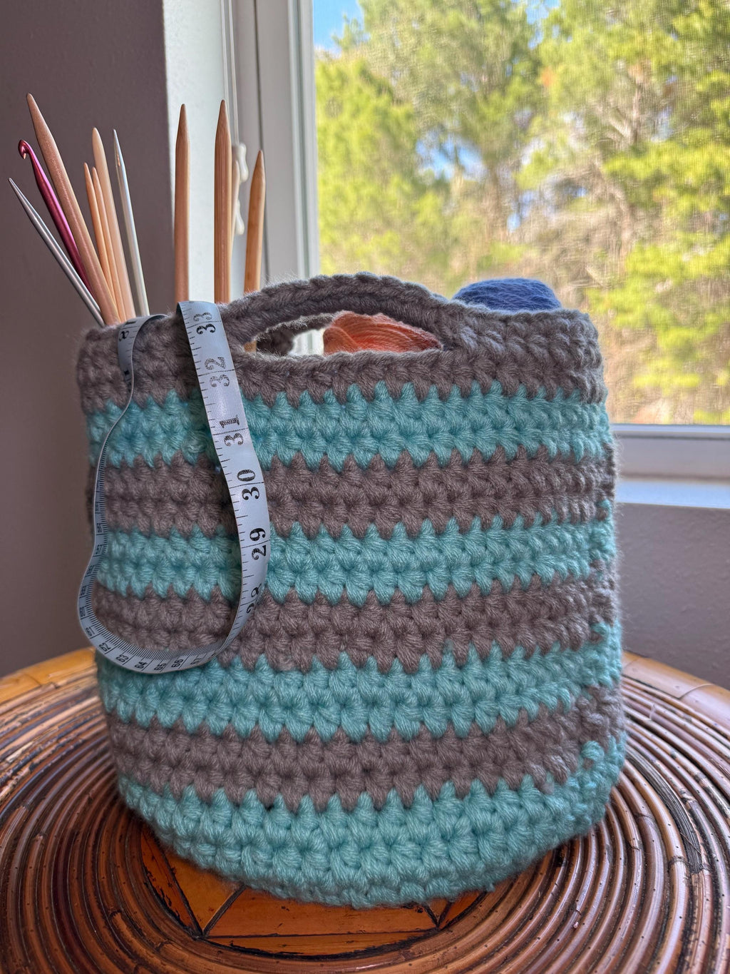 Blue and Gray Crocheted Basket: Farmhouse Handwoven Storage/Striped Coastal/Handmade Basket