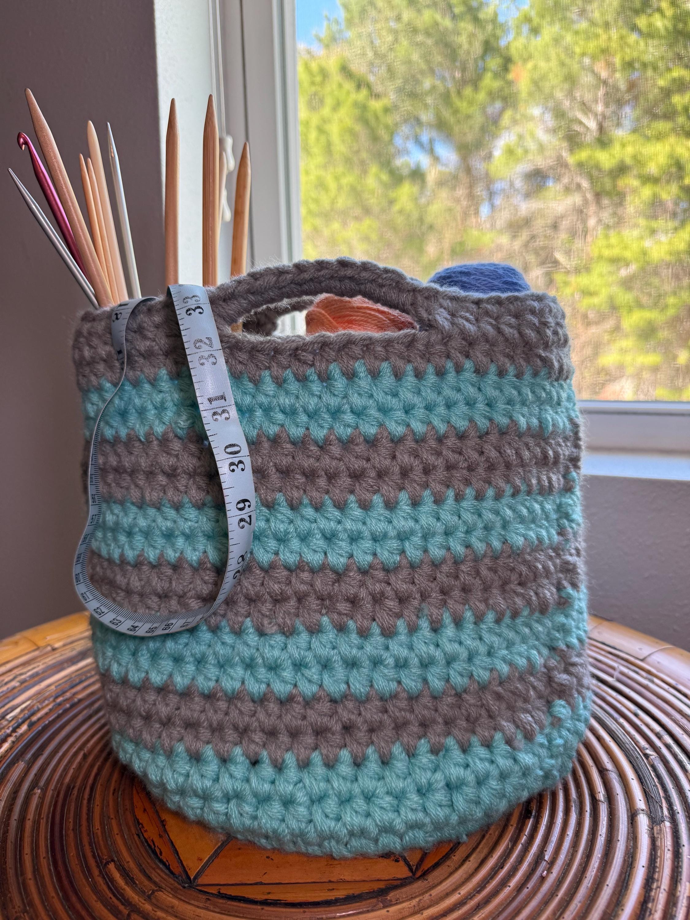 Blue and Gray Crocheted Basket: Farmhouse Handwoven Storage/Striped Coastal/Handmade Basket