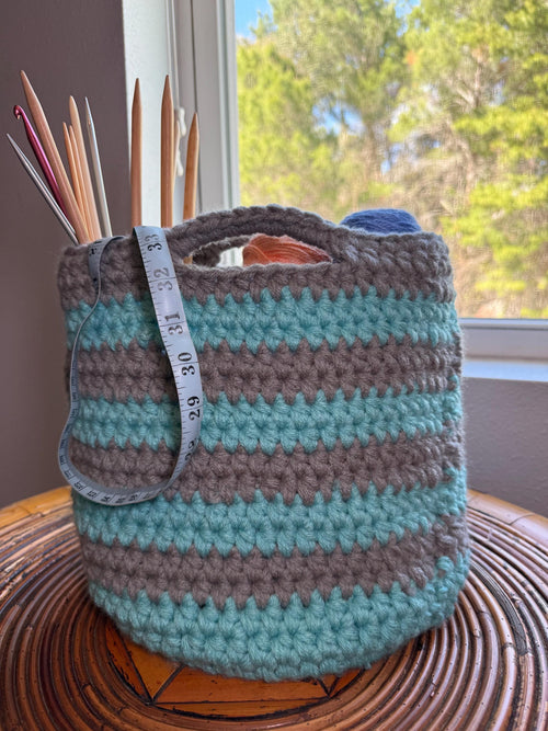 Blue and Gray Crocheted Basket: Farmhouse Handwoven Storage/Striped Coastal/Handmade Basket