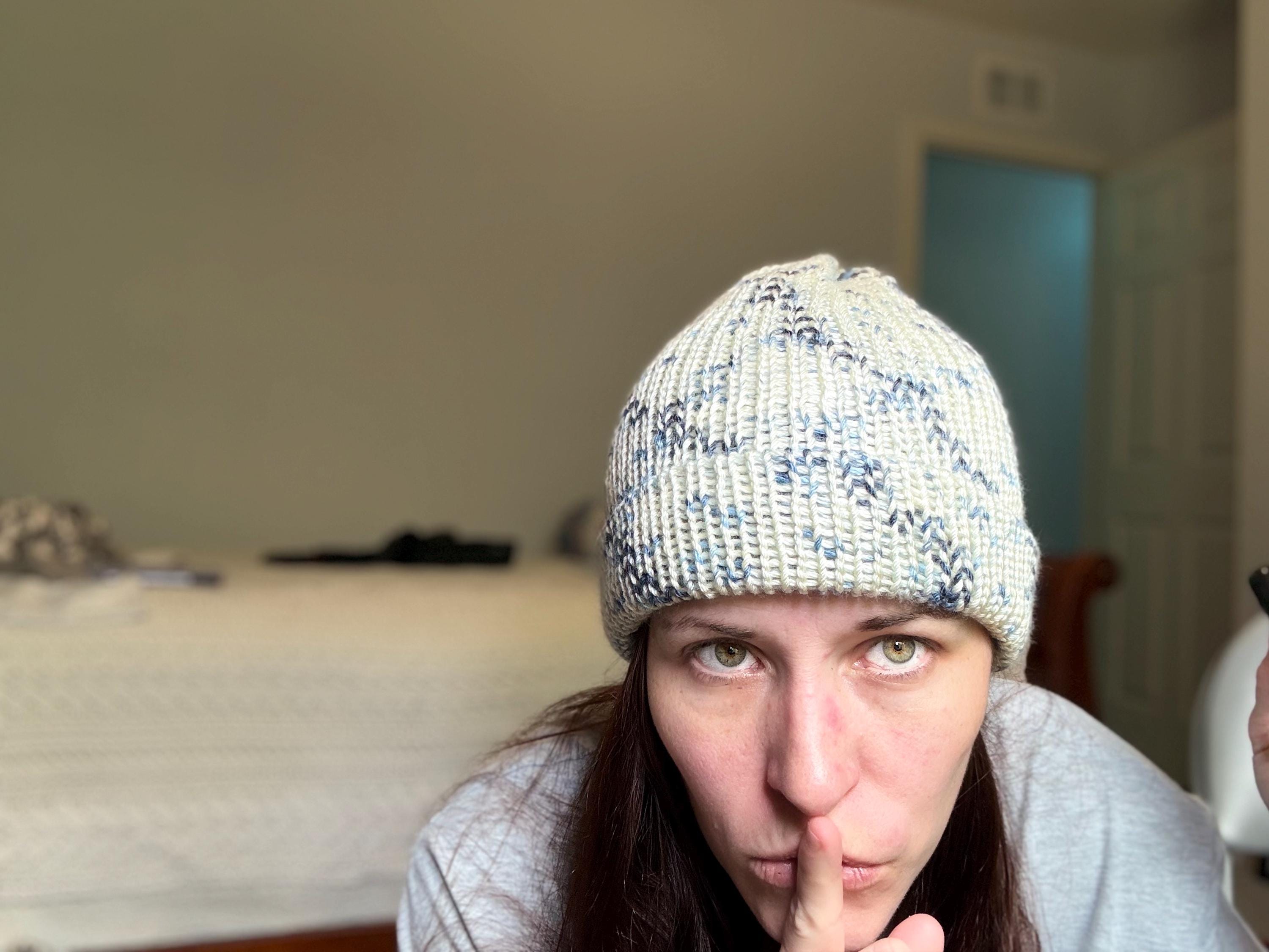 Hand Knit Winter Beanie: Soft Chunky Blue Marled Cap