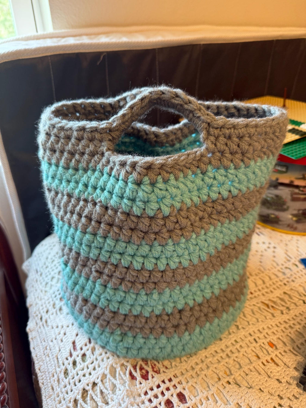 Blue and Gray Crocheted Basket: Farmhouse Handwoven Storage/Striped Coastal/Handmade Basket