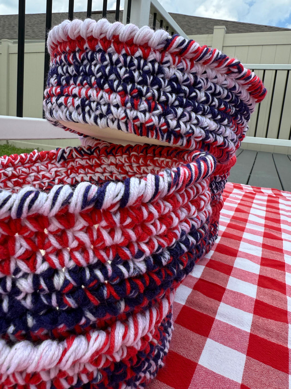 America 250th Birthday Basket/ Patriotic Crochet Bowl with Wood Base