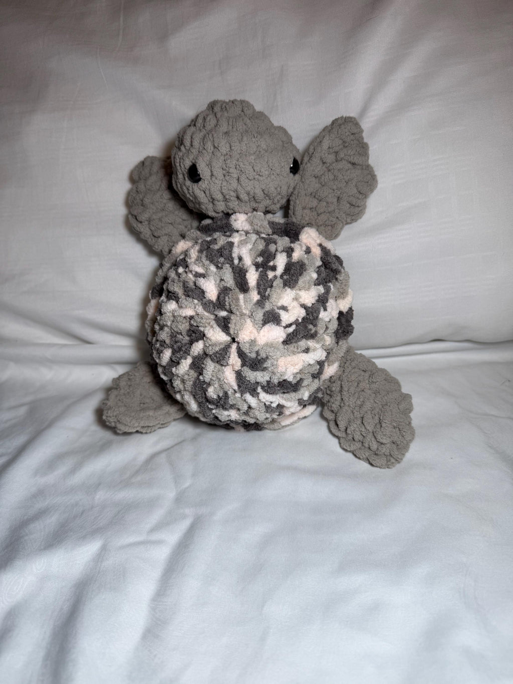 Chunky Crochet Sea Turtle Plushie – Soft Chenille Amigurumi Toy, Grey Marble Nursery Decor