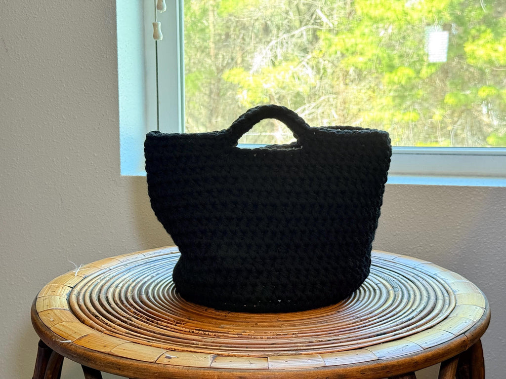 Black Crocheted Basket with Wood Base: Oversized Textile Home Organizer