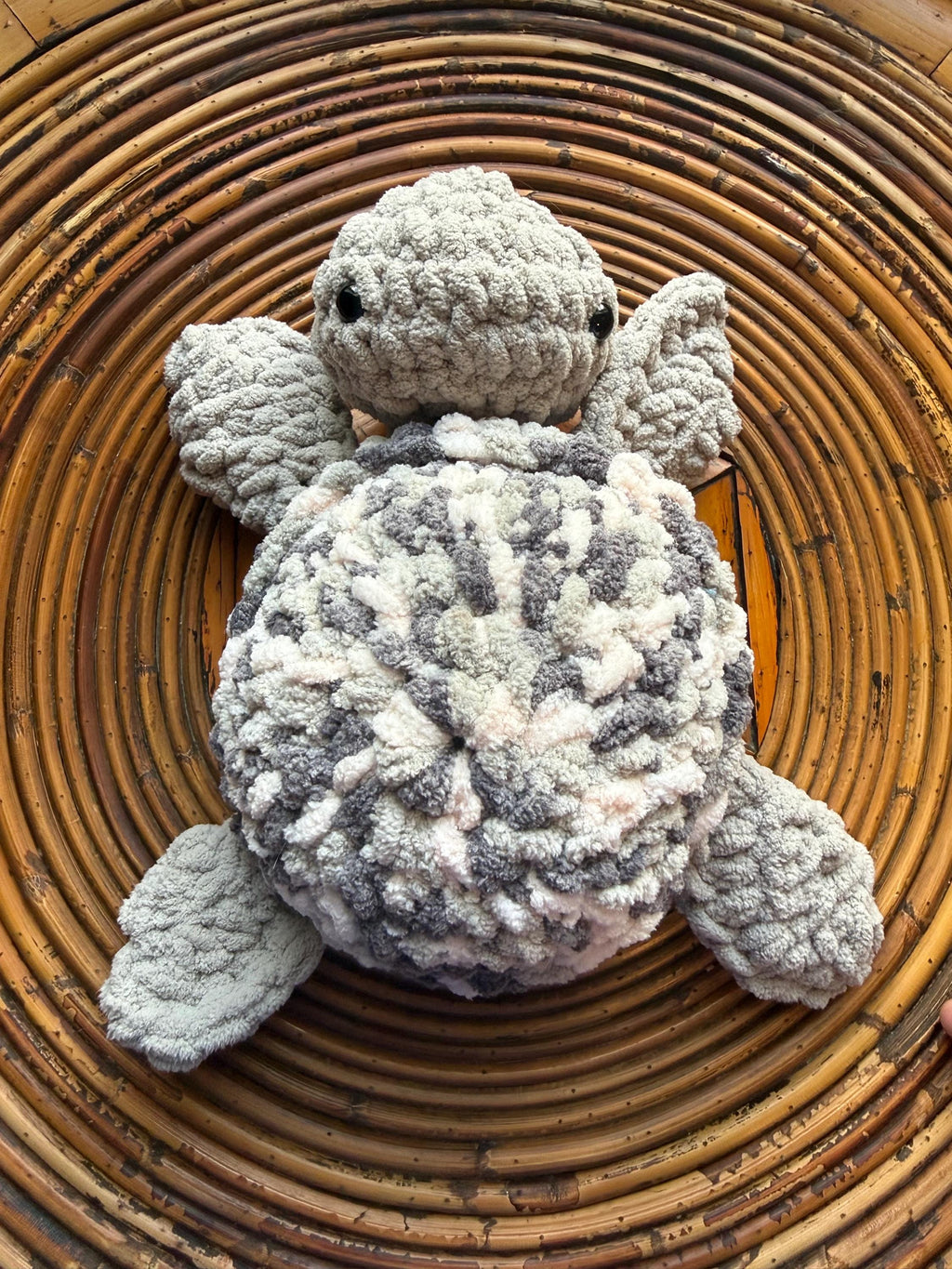 Chunky Crochet Sea Turtle Plushie – Soft Chenille Amigurumi Toy, Grey Marble Nursery Decor
