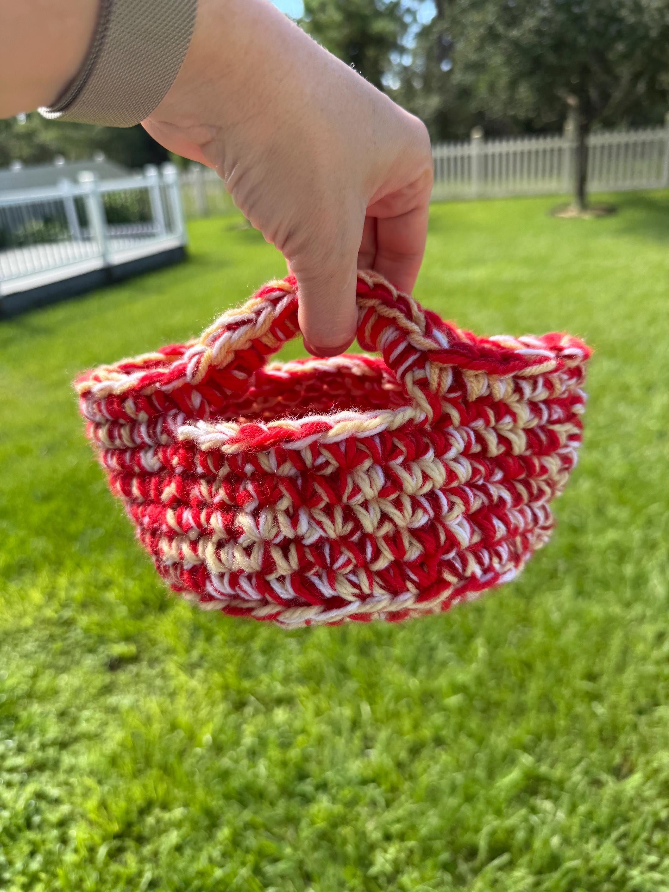 Small Crocheted Basket: Red and Yellow Handwoven Yarn
